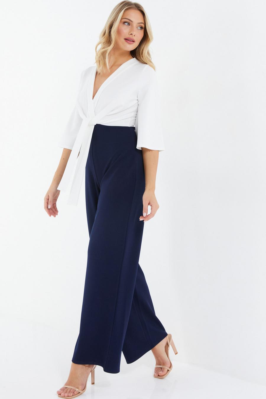 Navy Tie Front Contrast Palazzo Jumpsuit - Quiz Clothing