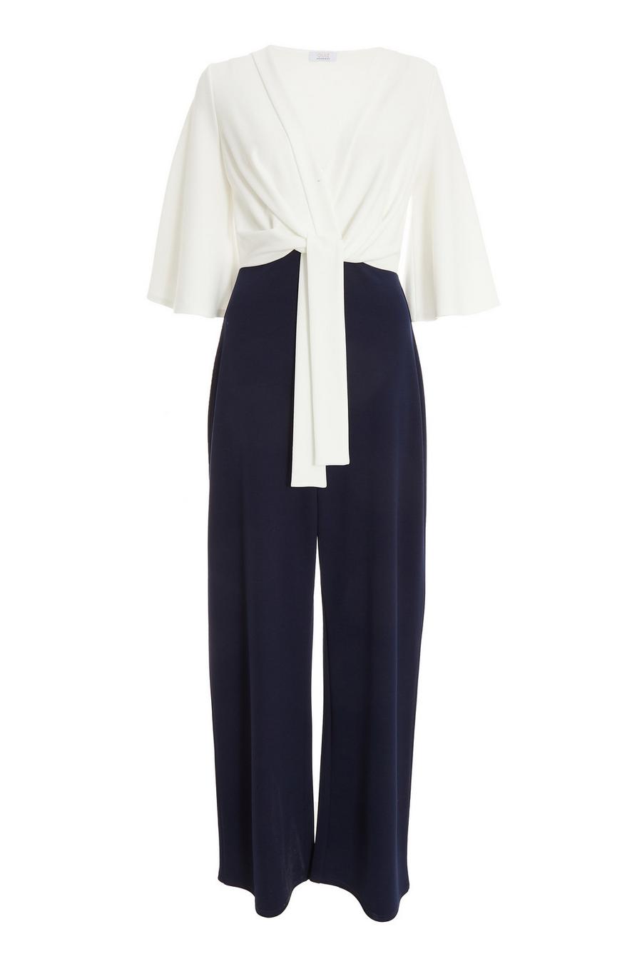 Navy Tie Front Contrast Palazzo Jumpsuit - Quiz Clothing