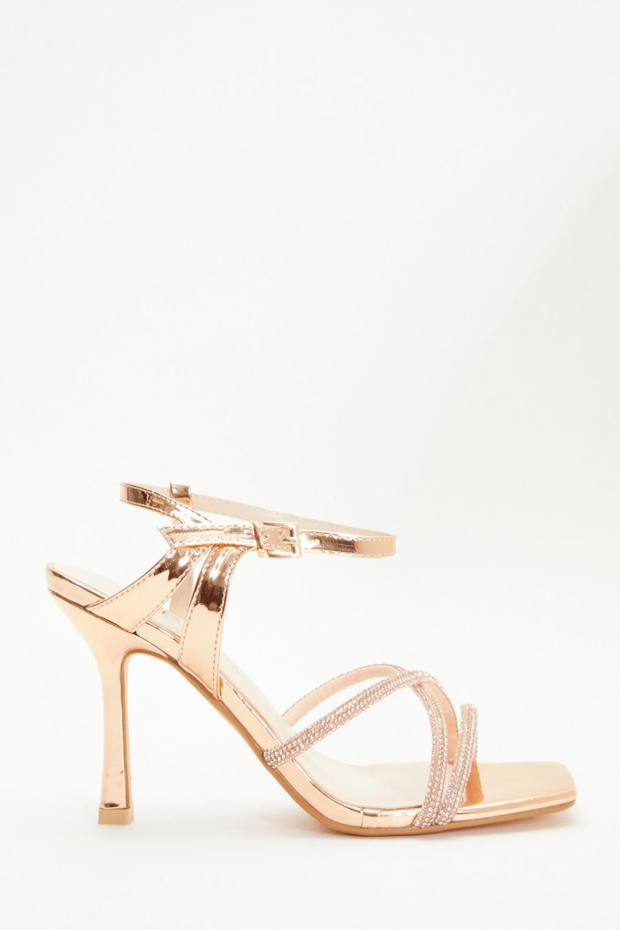 Wide Fit Rose Gold Diamante Cross Strap Heels Quiz Clothing