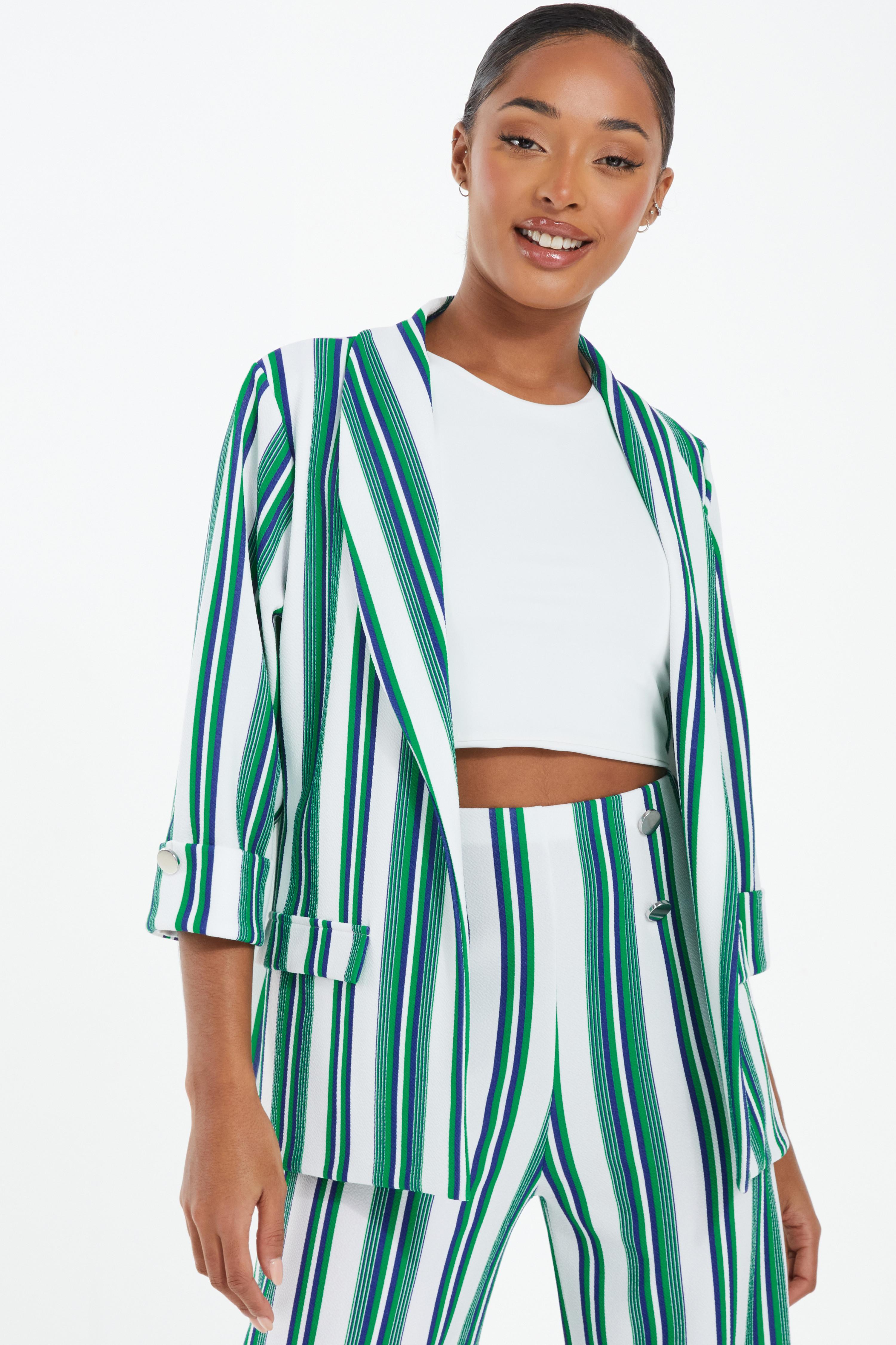 Jade Green Stripe Print Blazer QUIZ Clothing