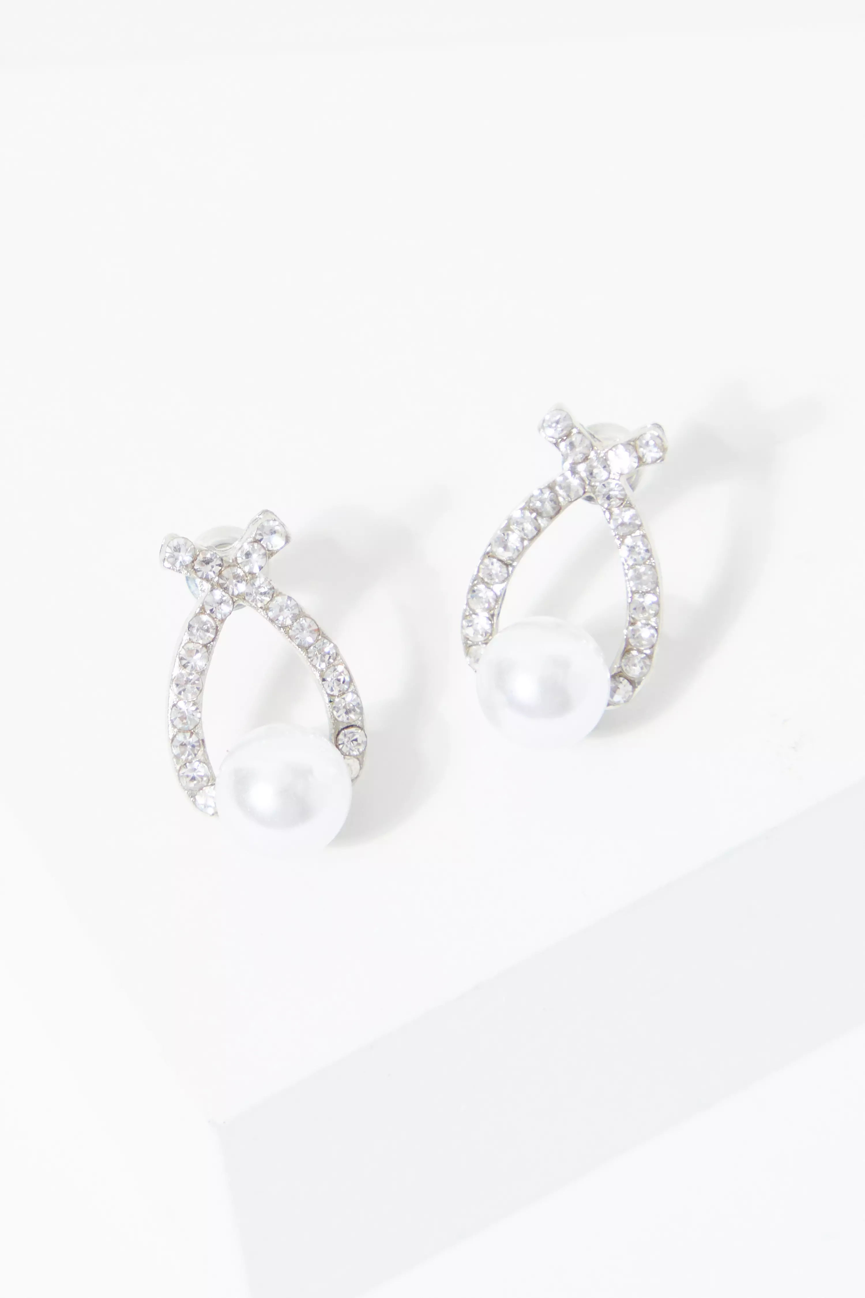 Silver Pearl Diamante Stud Earrings QUIZ Clothing