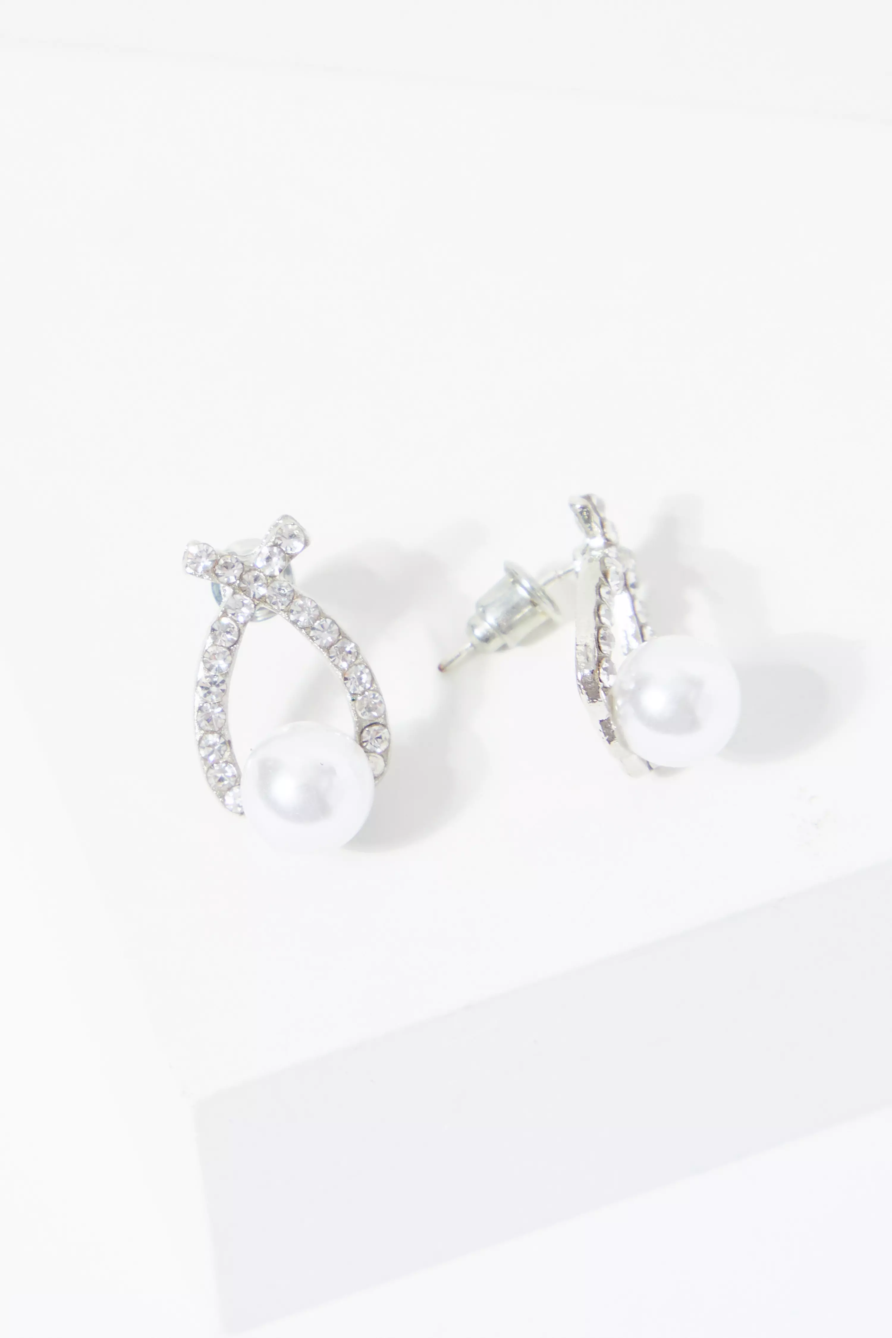 Silver Pearl Diamante Stud Earrings QUIZ Clothing