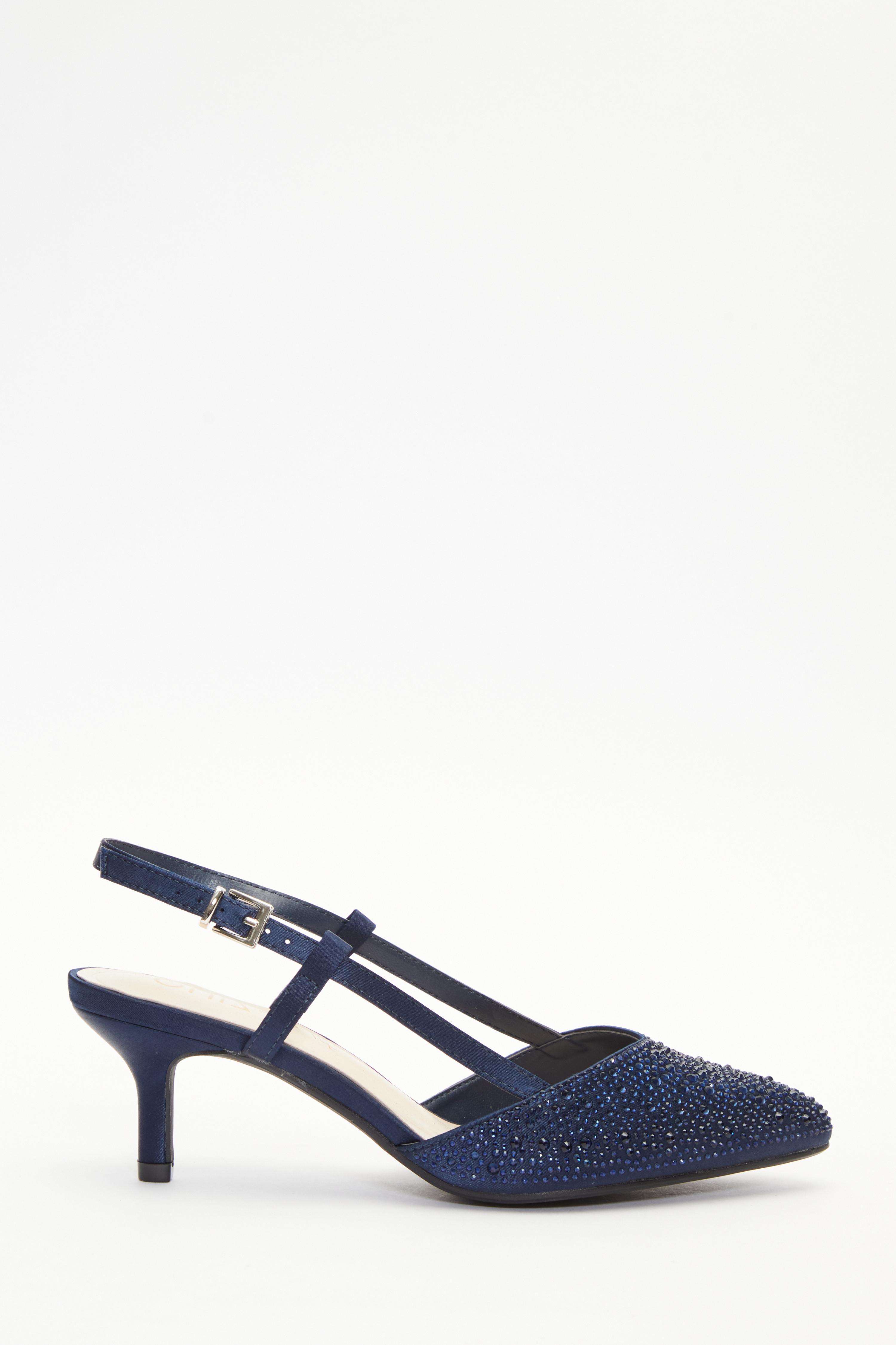 Wide Fit Navy Satin Diamante Low Court Heels
