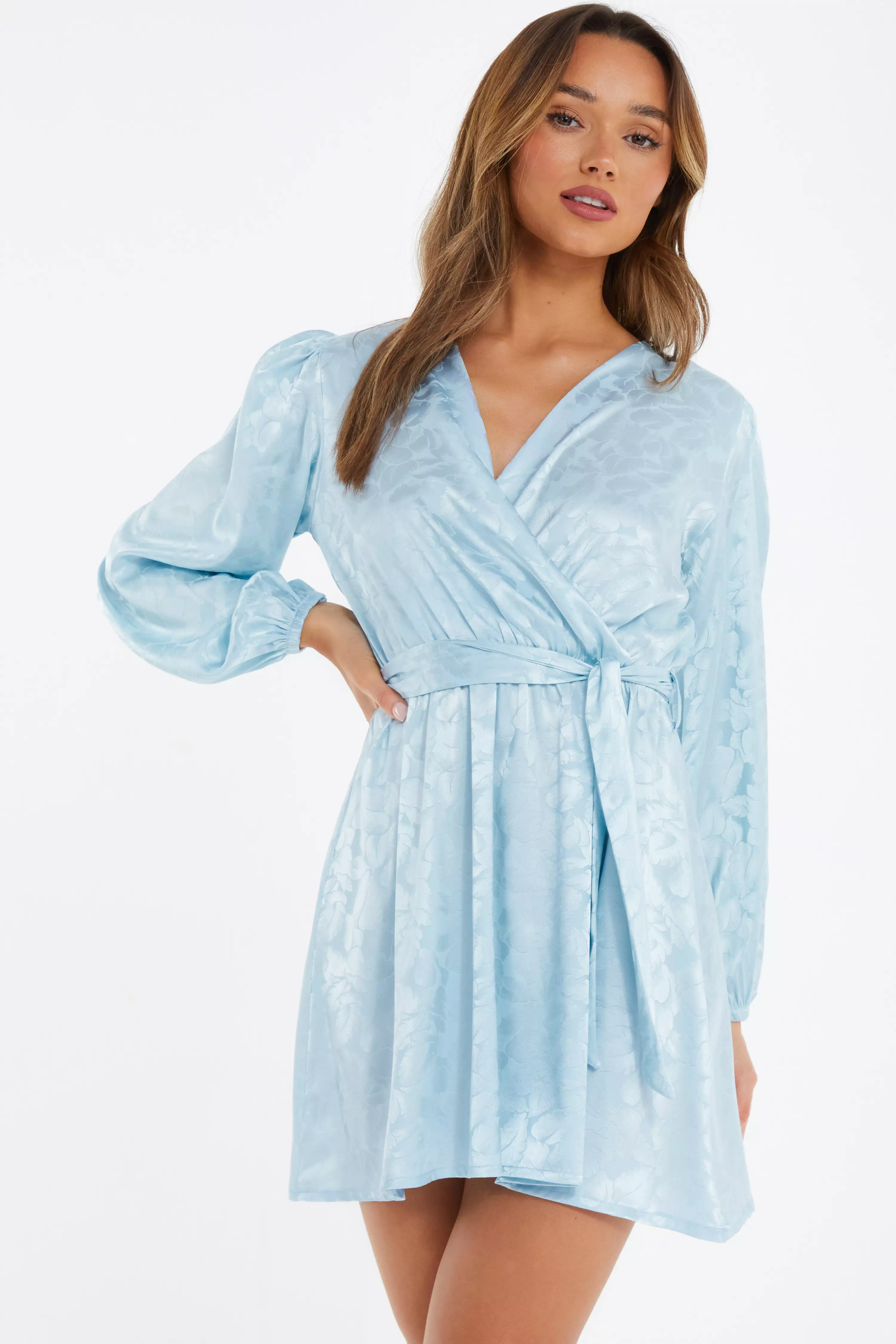 Light Blue Satin Jacquard Wrap Mini Dress - QUIZ Clothing