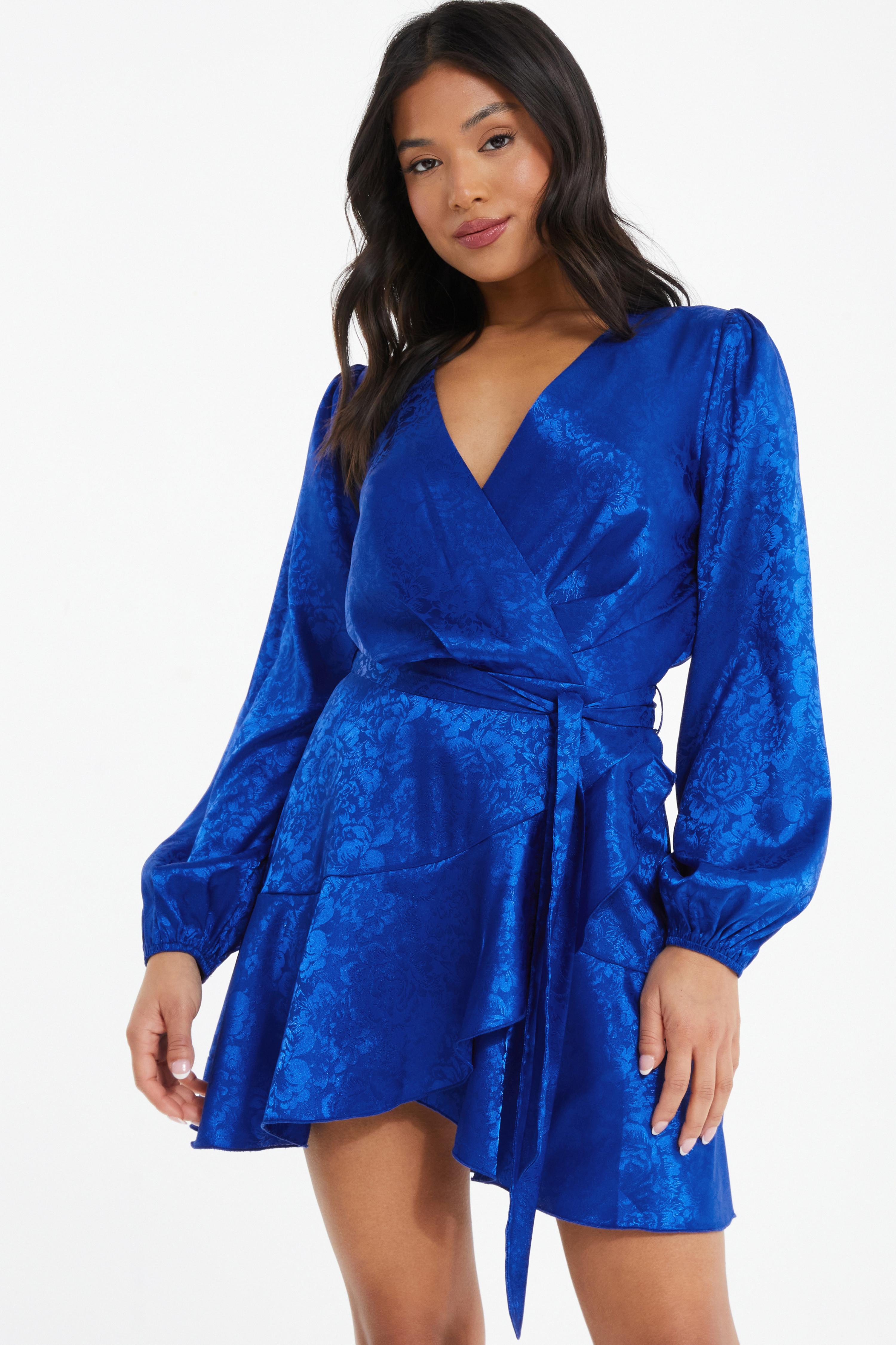Petite Royal Blue Satin Jacquard Floral Mini Dress