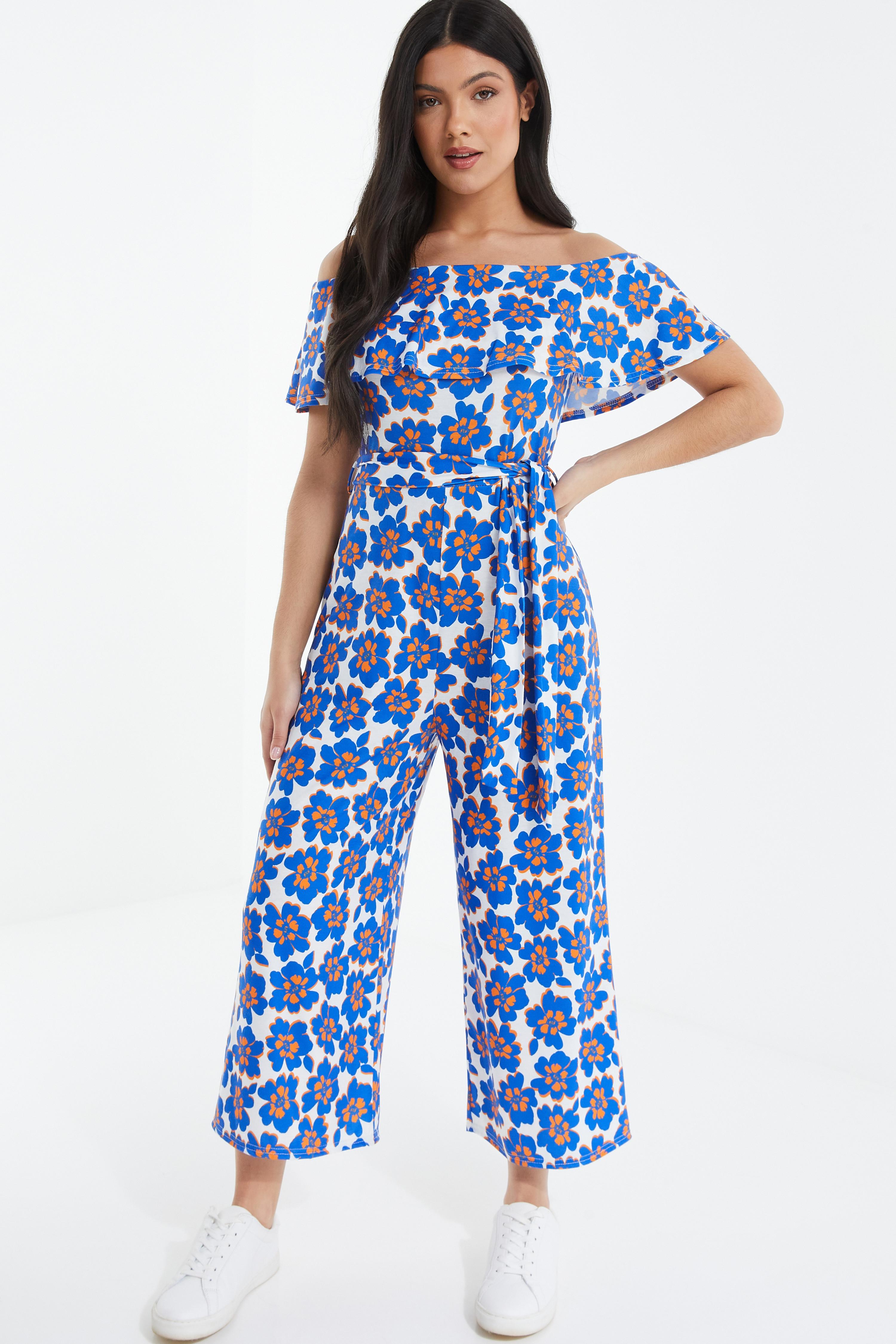 Royal Blue Floral Bardot Jumpsuit