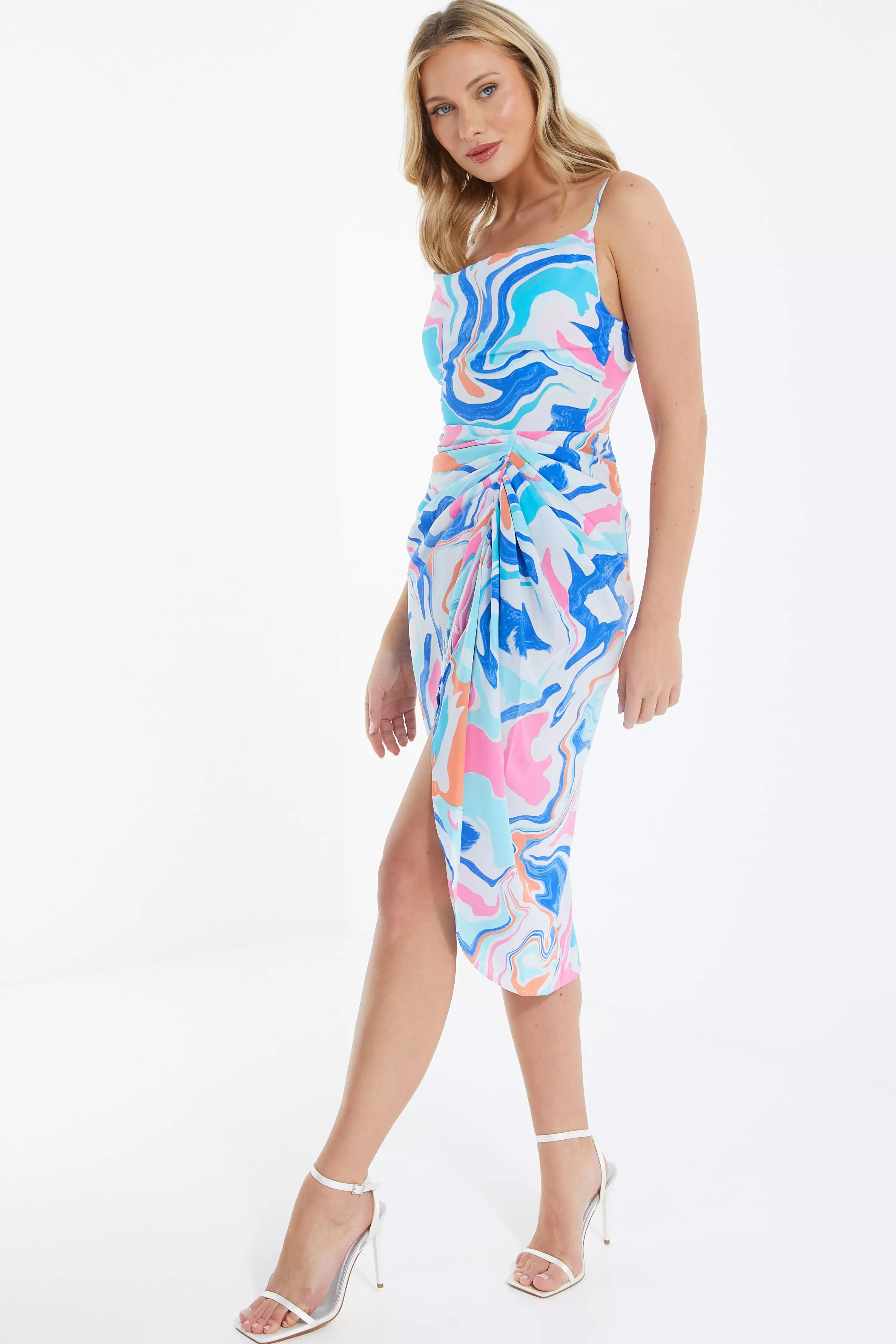 Multicoloured Marble Print Ruched Midi Dress - QUIZ Clothing
