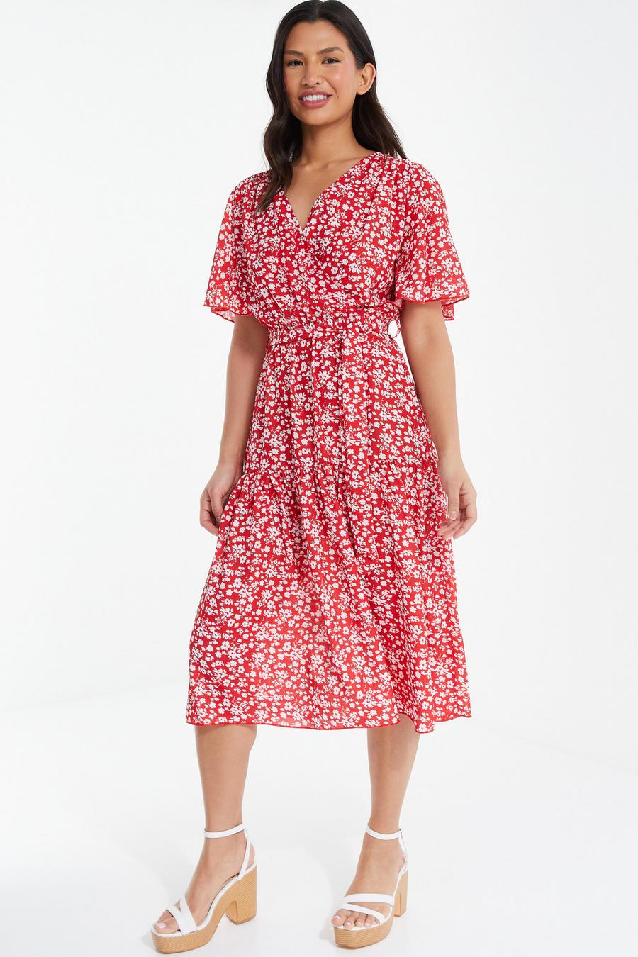 red midi floral dress