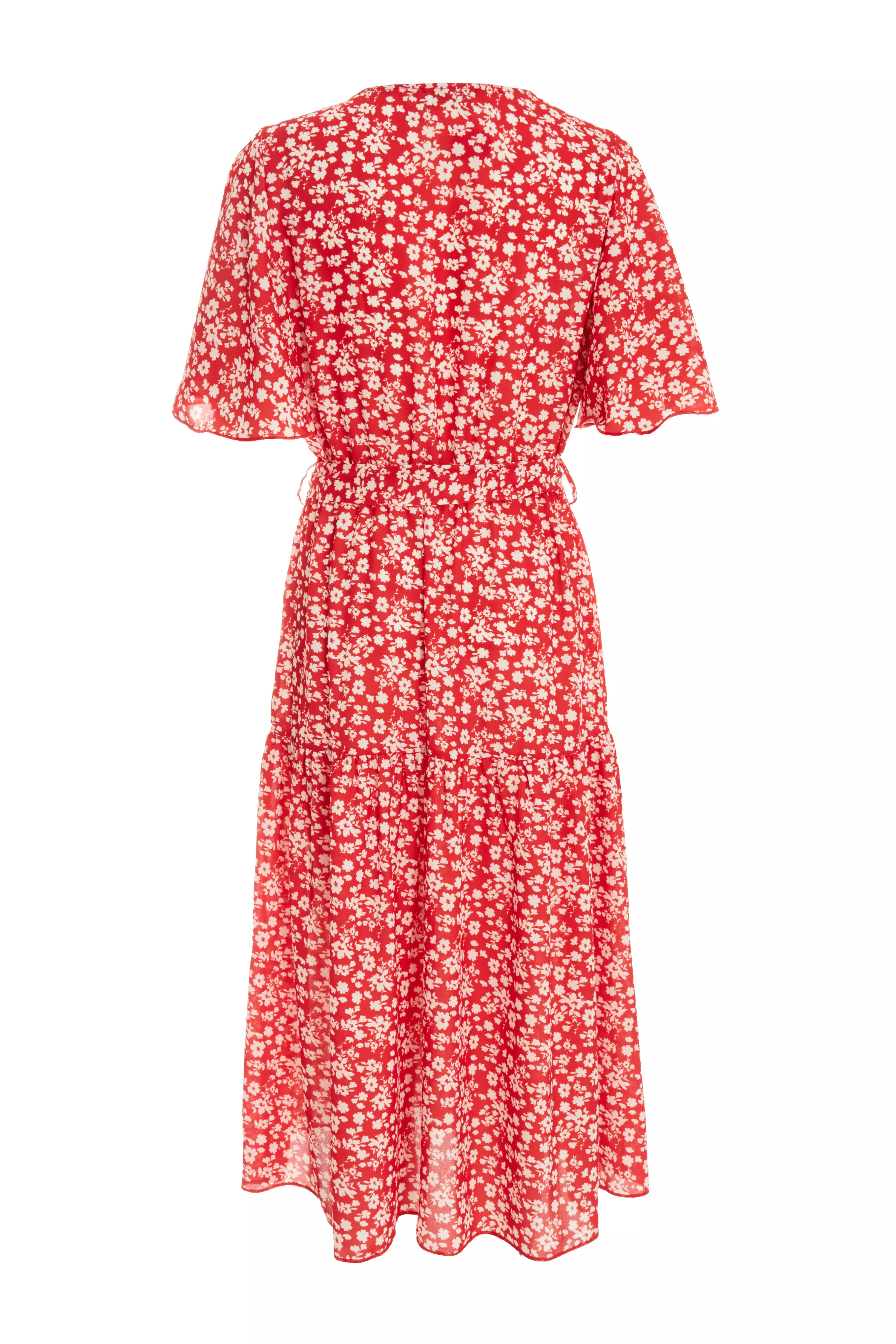 Red Ditsy Floral Tiered Midi Dress - QUIZ Clothing