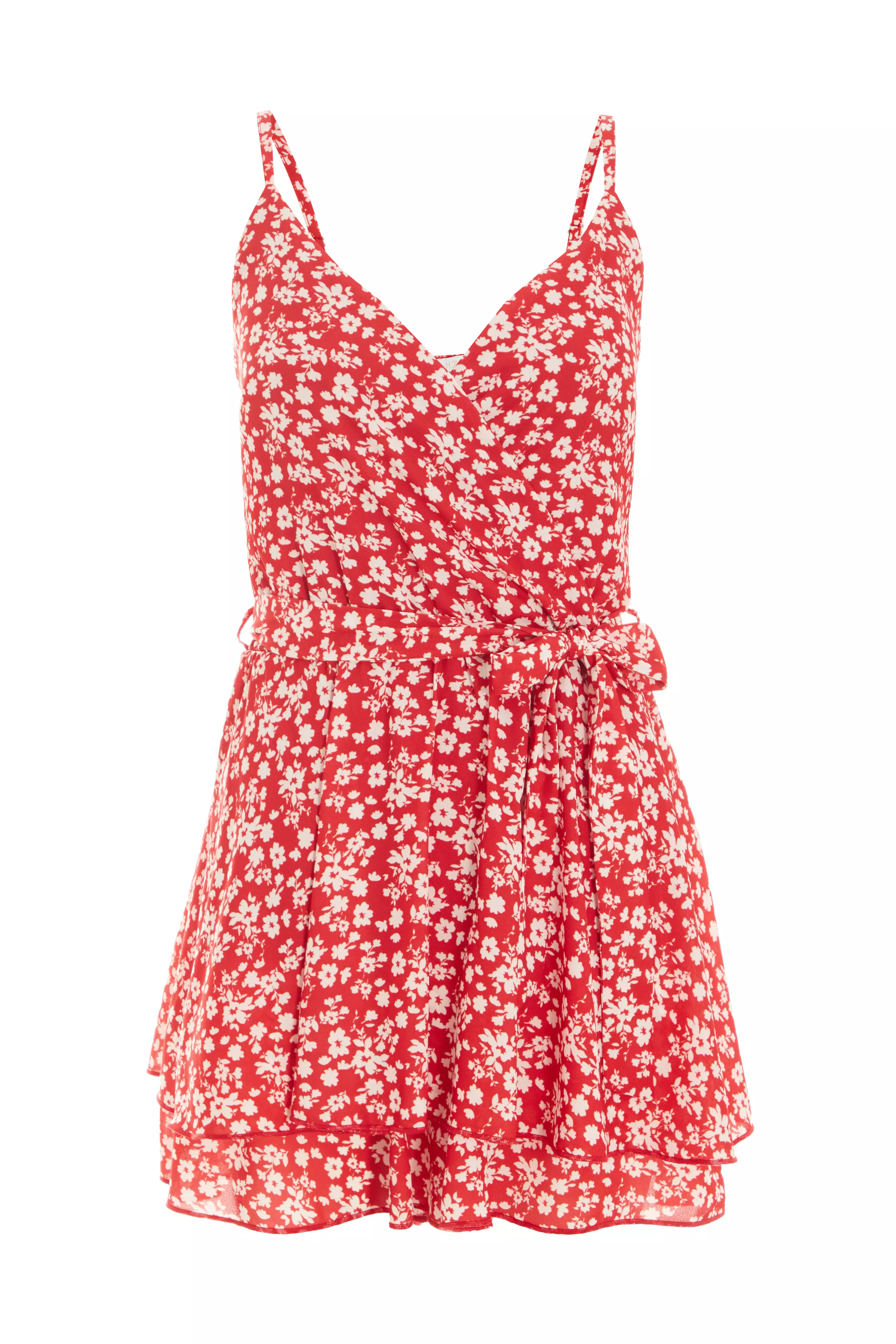 Red Ditsy Floral Wrap Playsuit - QUIZ Clothing