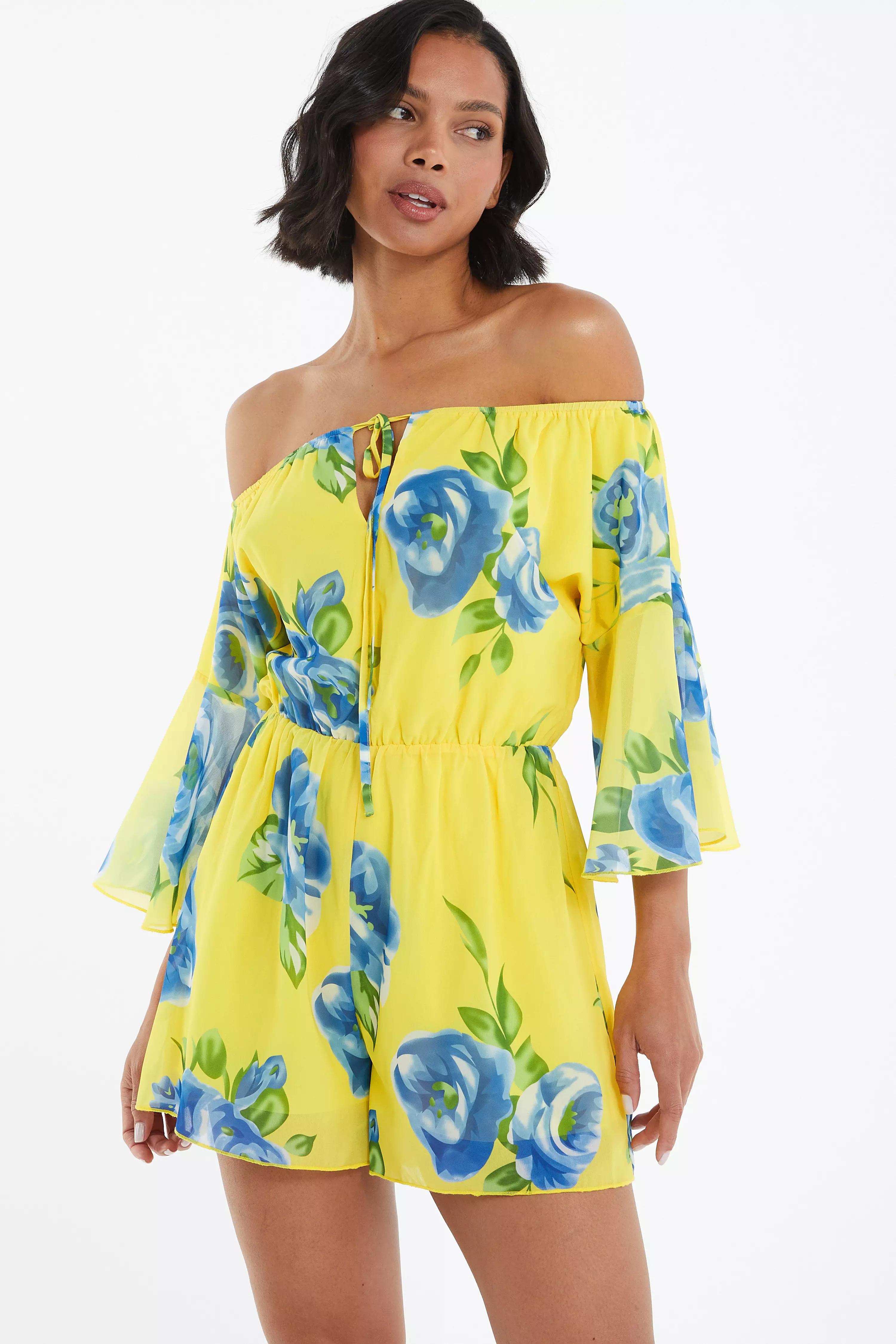 Yellow Floral Bardot Playsuit QUIZ Clothing