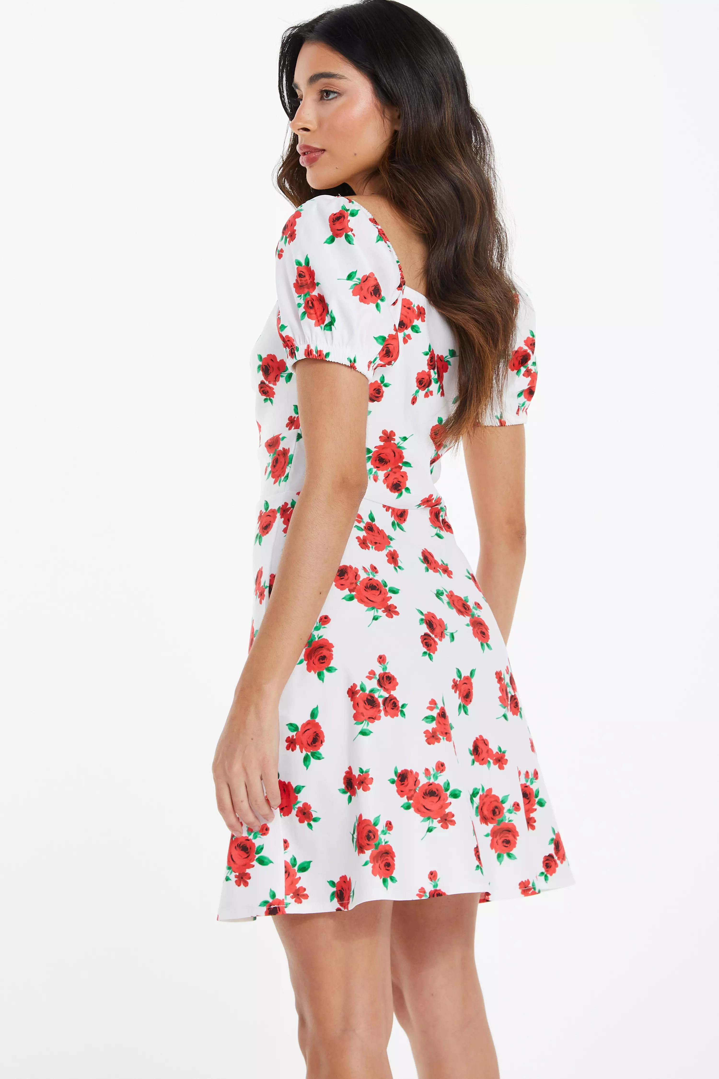 White Rose Print Mini Dress - QUIZ Clothing