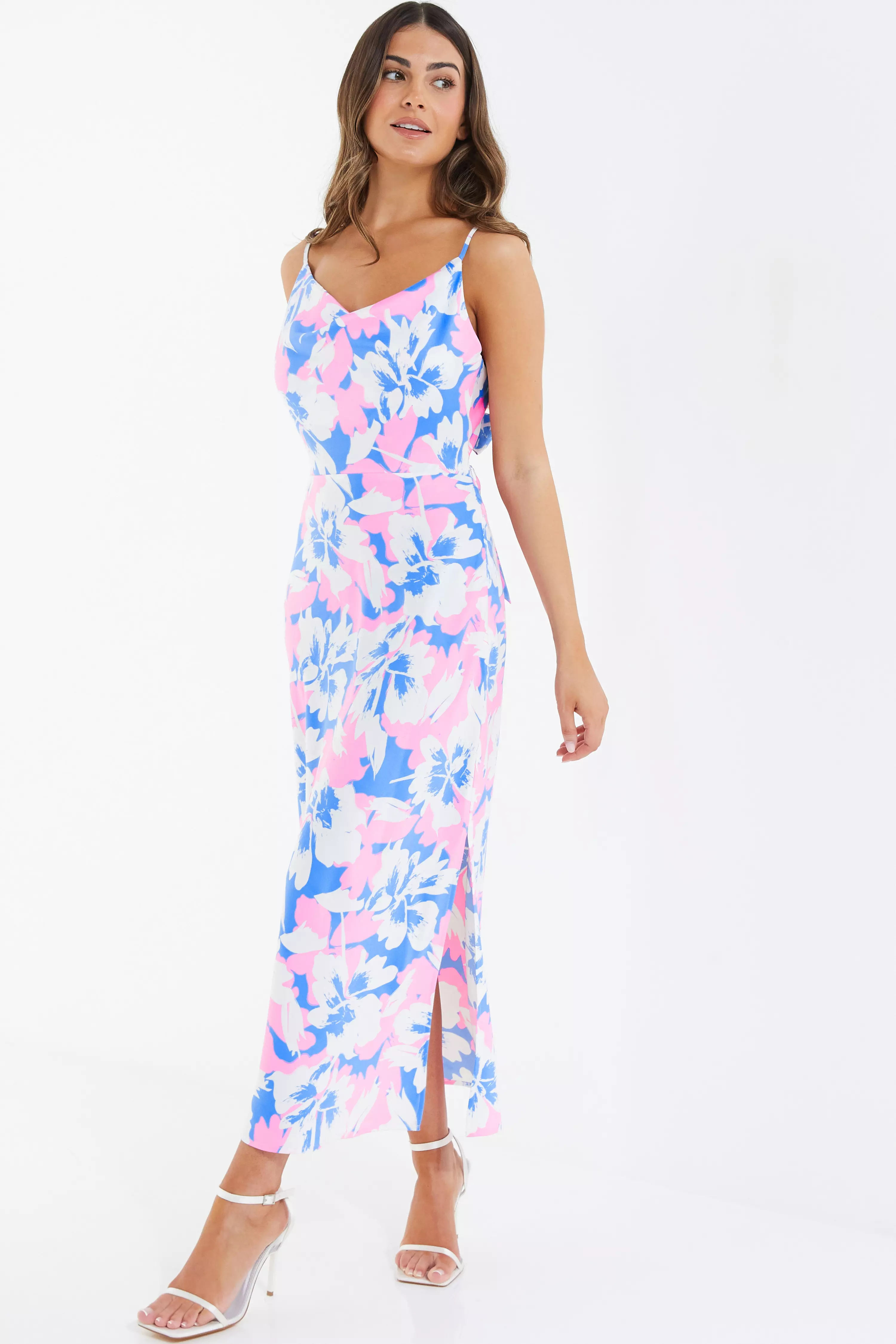 Petite Blue Floral Tie Back Midi Dress - QUIZ Clothing