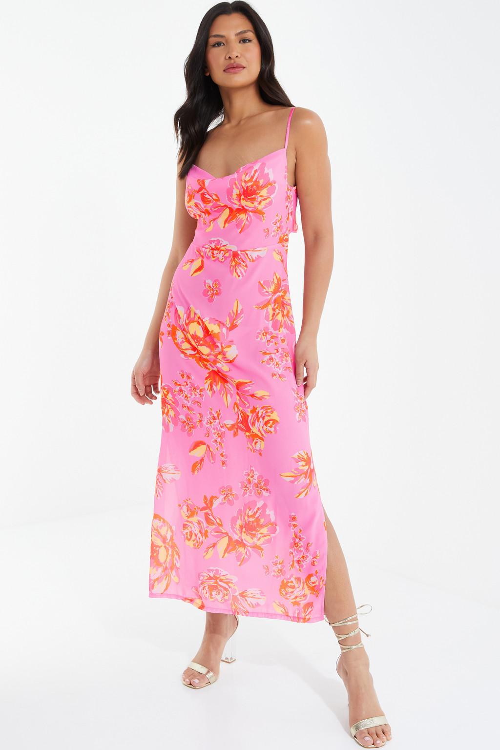 Pink Floral Print Tie Back Midi Dress