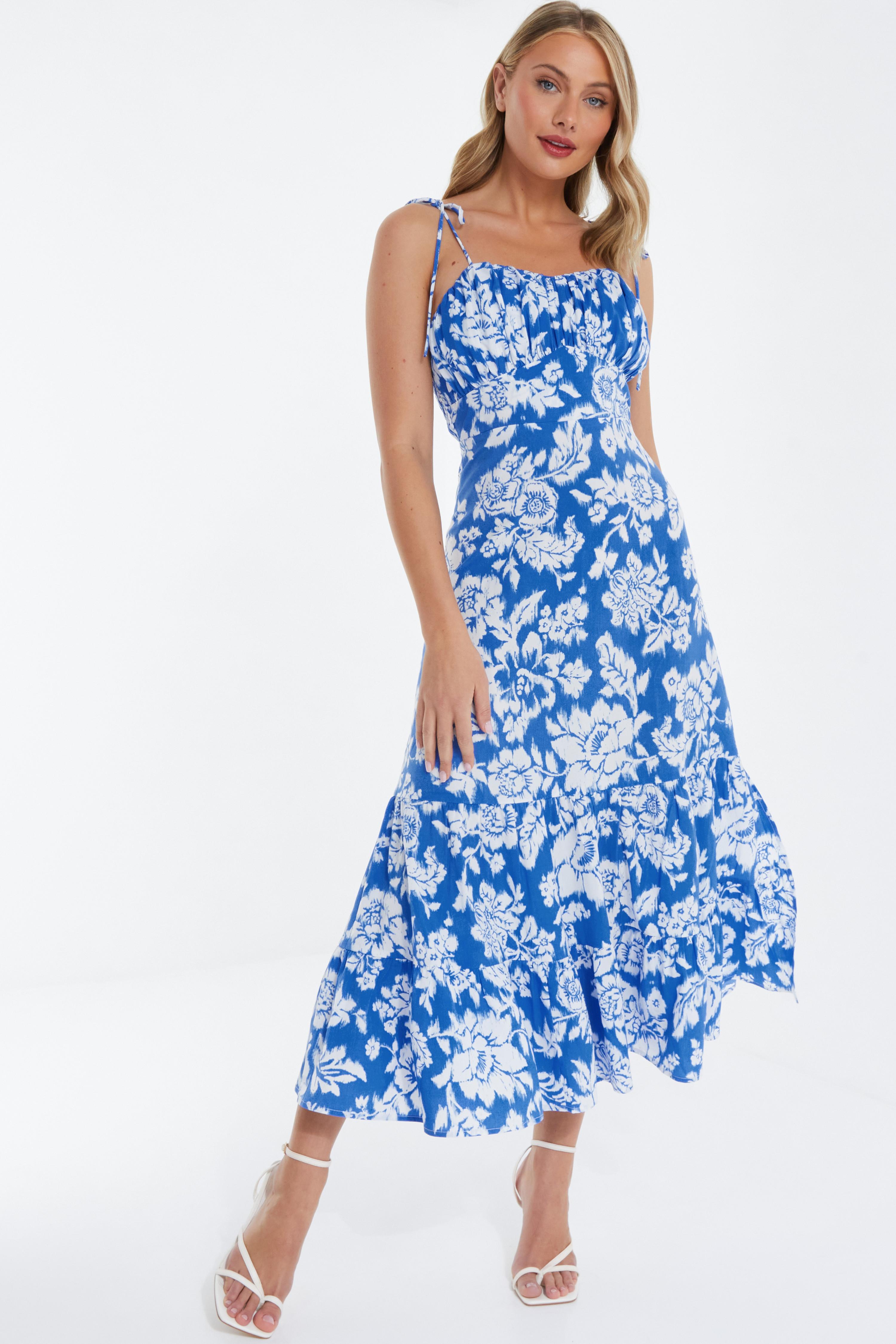 Blue Floral Strappy Midi Dress