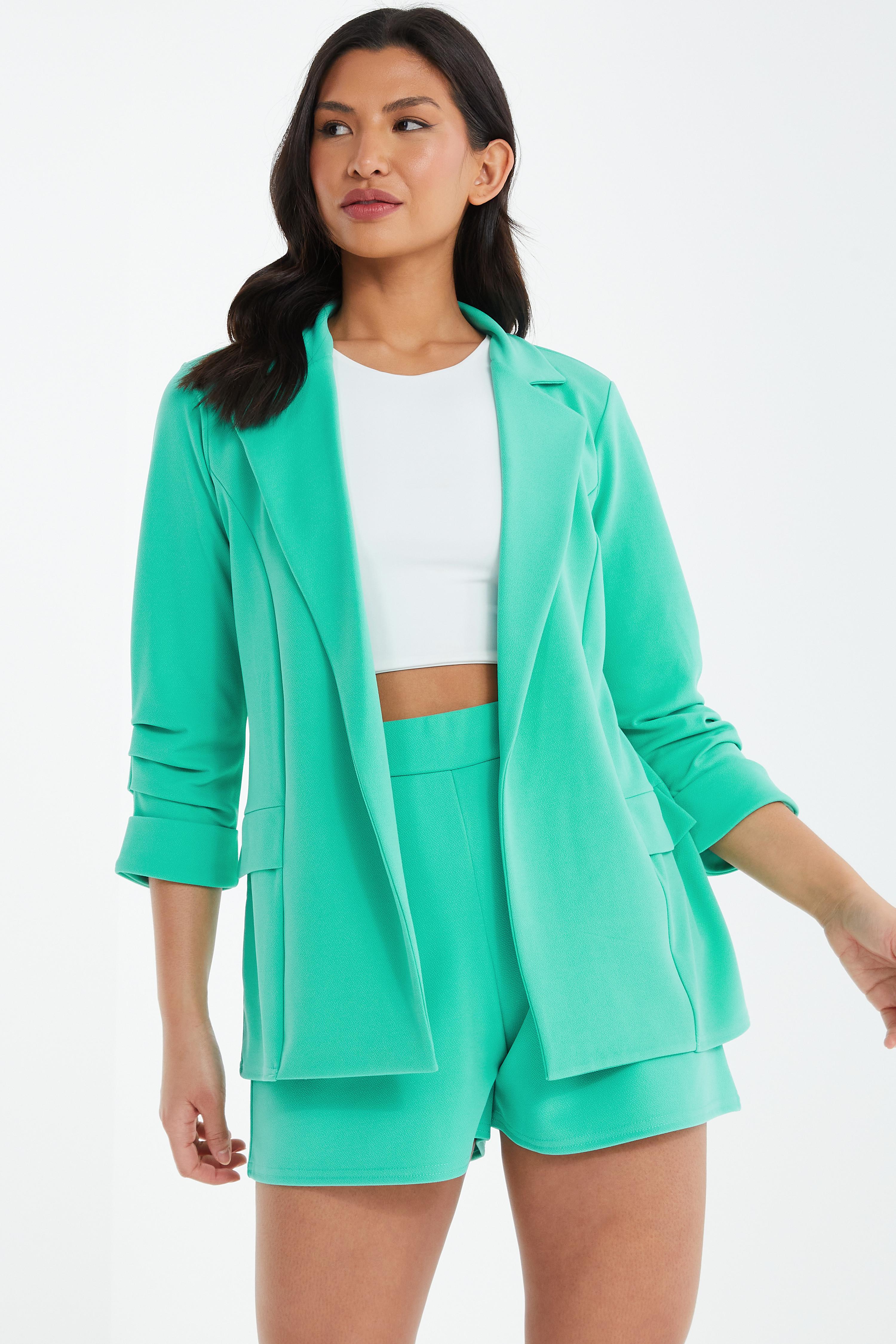 Mint Ruched Sleeve Blazer