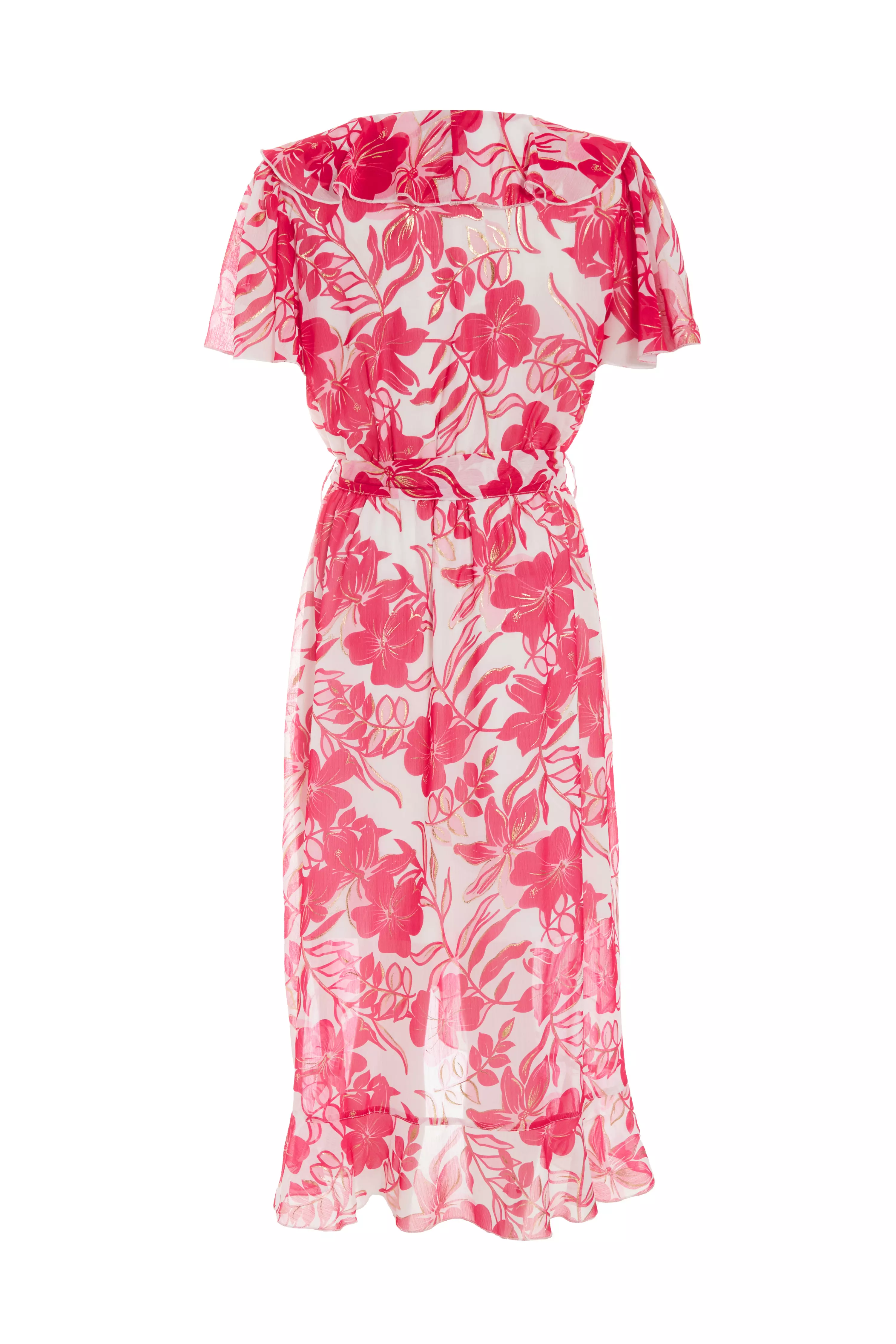 Pink Floral Frill Hem Wrap Midi Dress - QUIZ Clothing