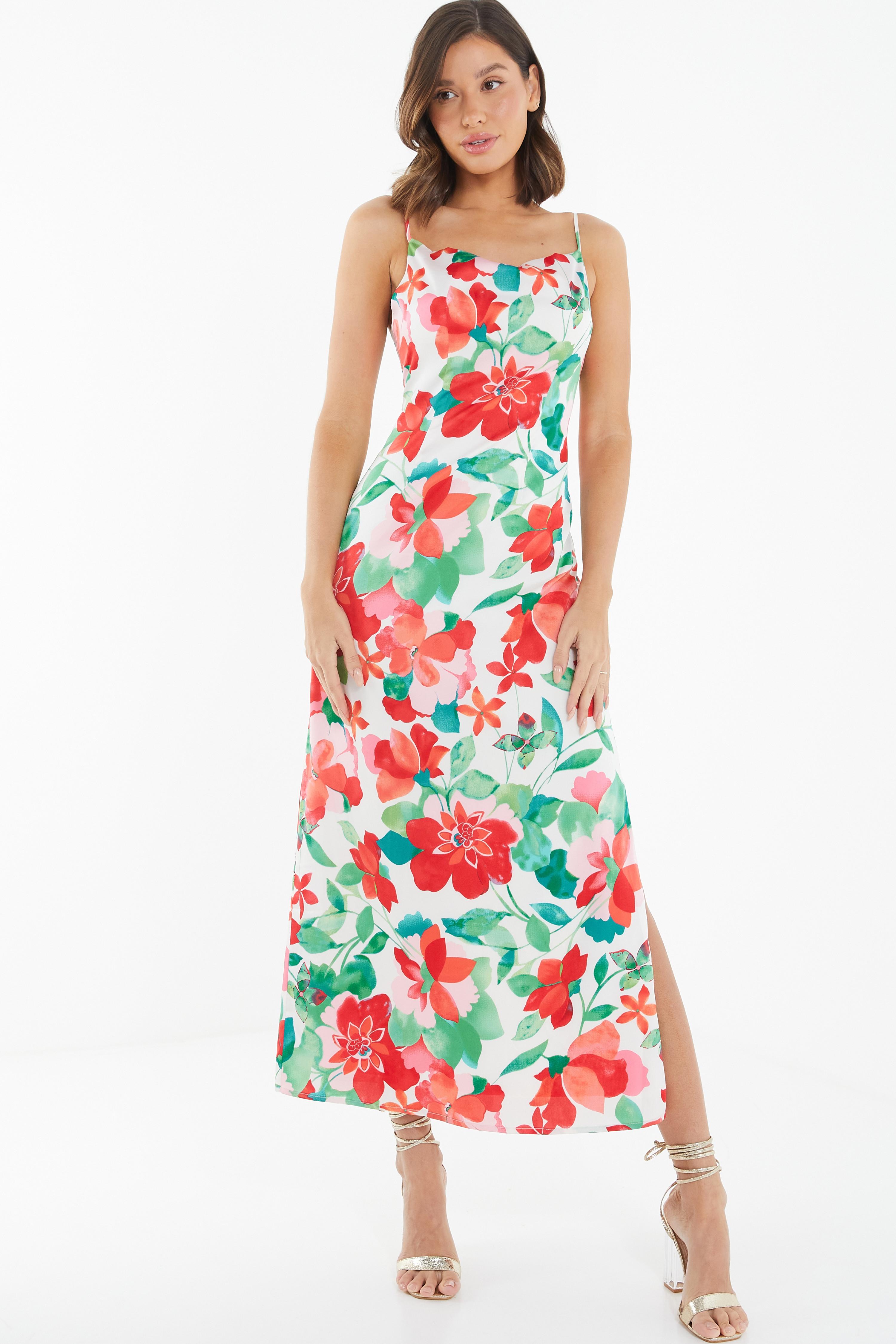 Multicoloured Tropical Satin Midi Dress