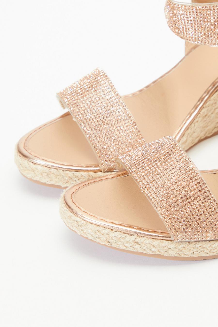 Rose Gold Diamante Low Wedge Sandals - Quiz Clothing