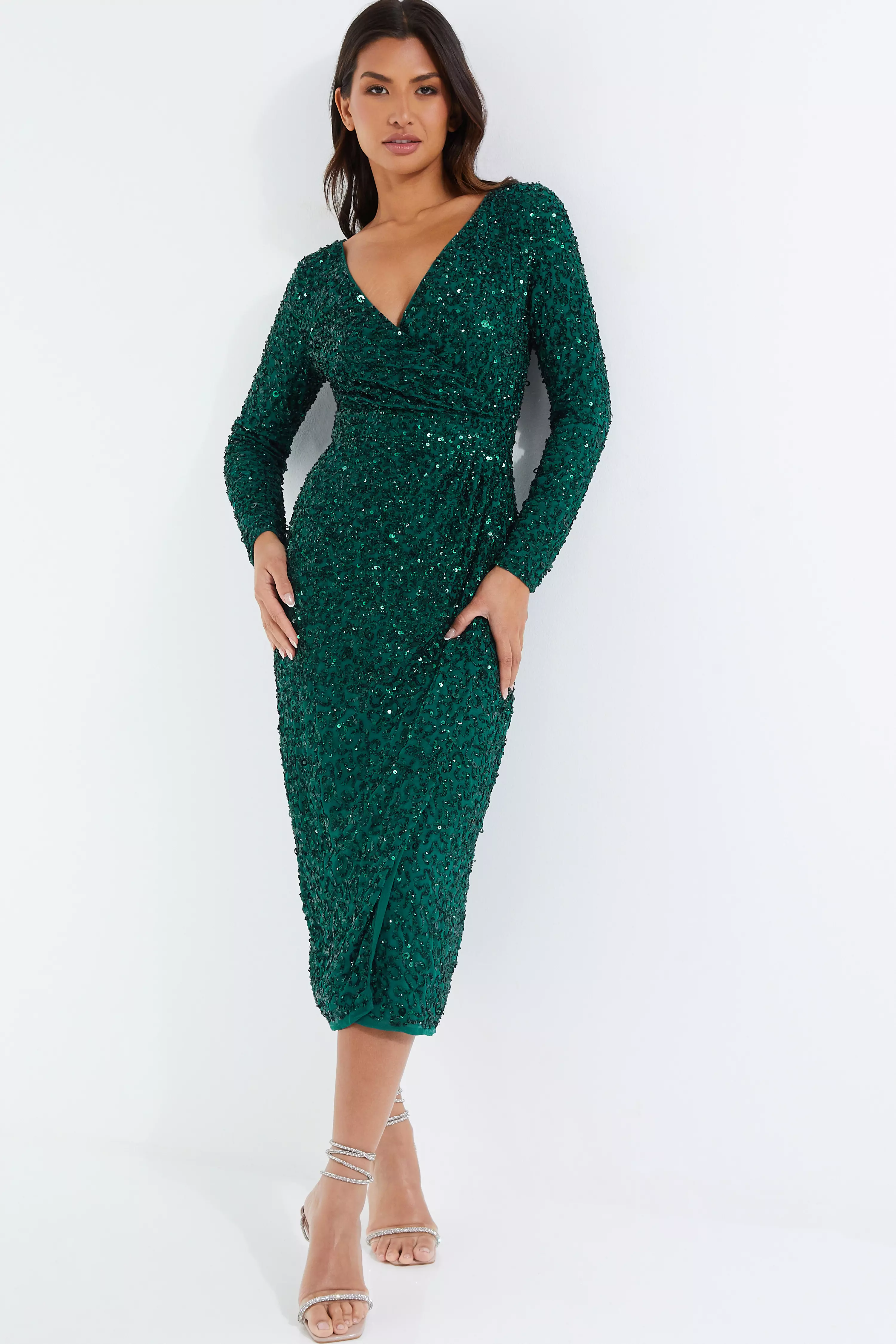 Green Sequin Wrap Midaxi Dress - QUIZ Clothing