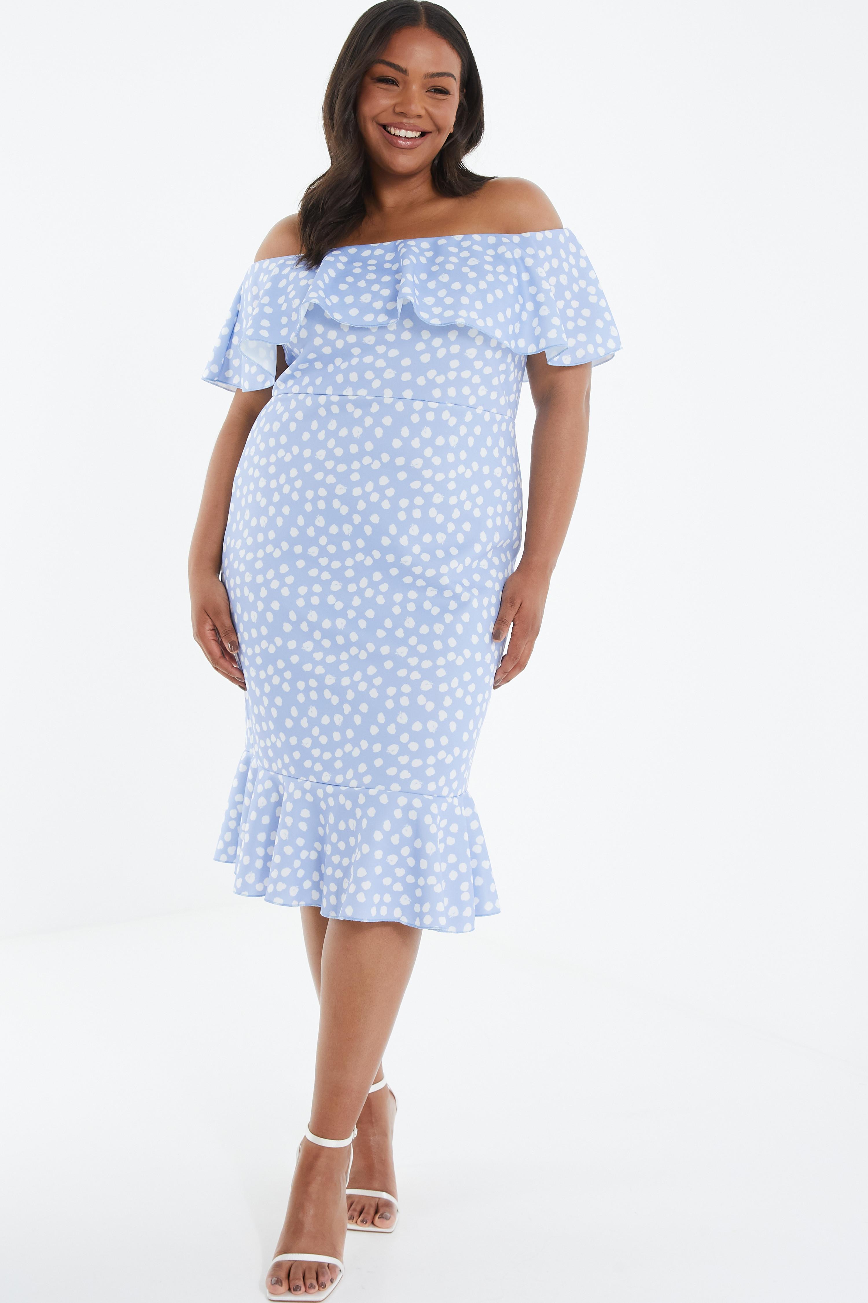 Curve Blue Smudge Print Bardot Midi Dress