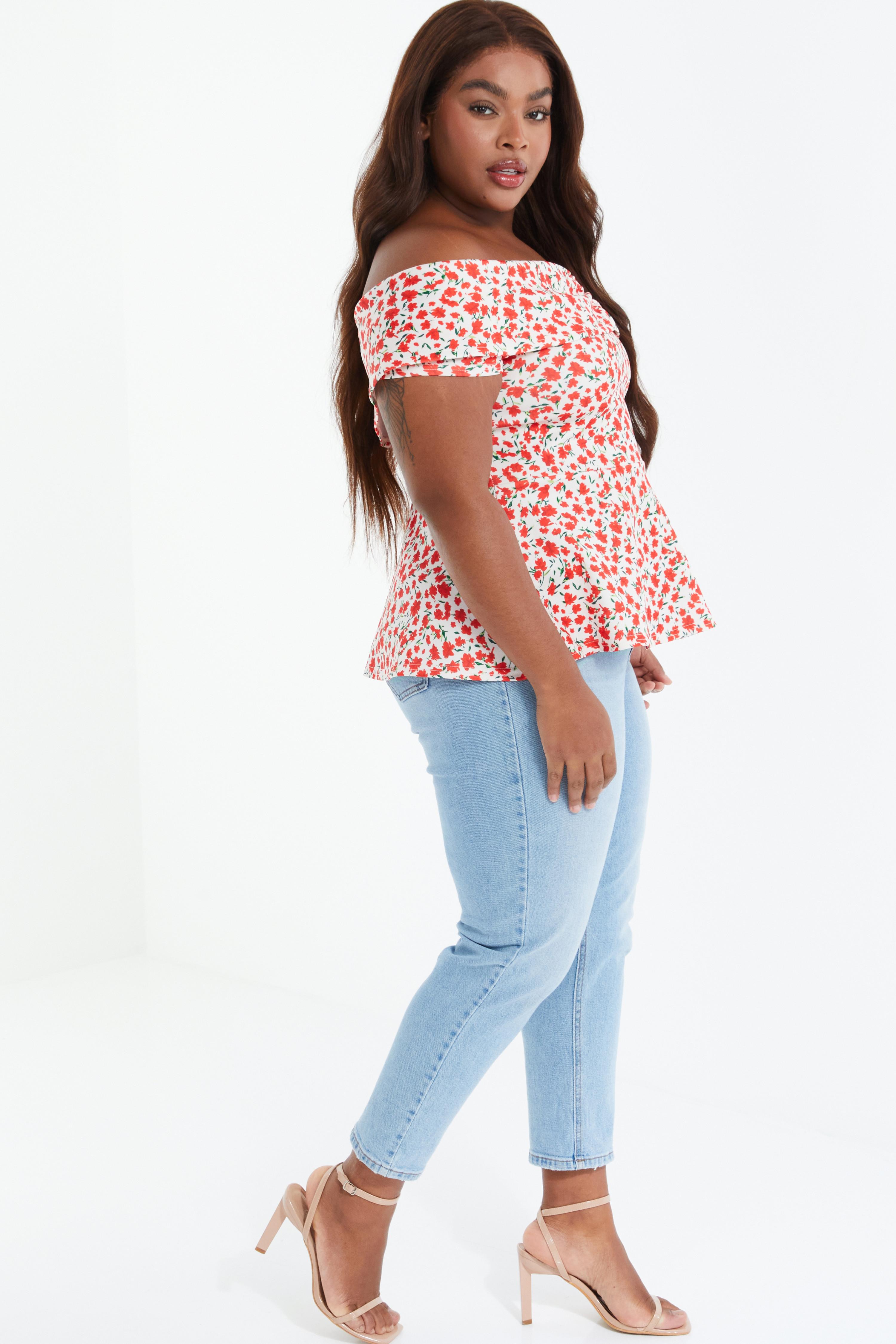 Curve Red Floral Peplum Top<!-- --> - <!-- -->QUIZ Clothing