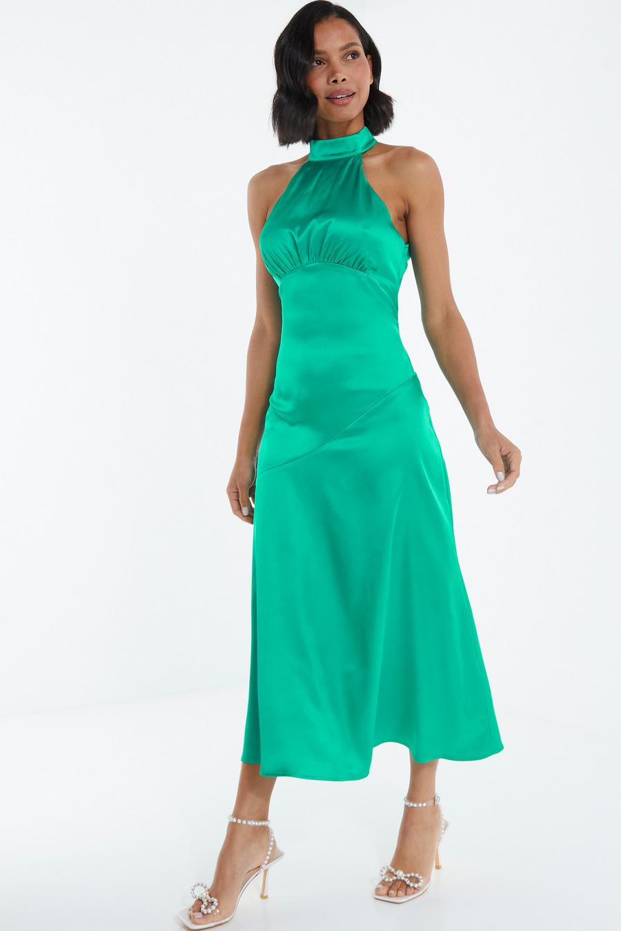 Jade Green Satin High Neck Midi Dress - Quiz Clothing