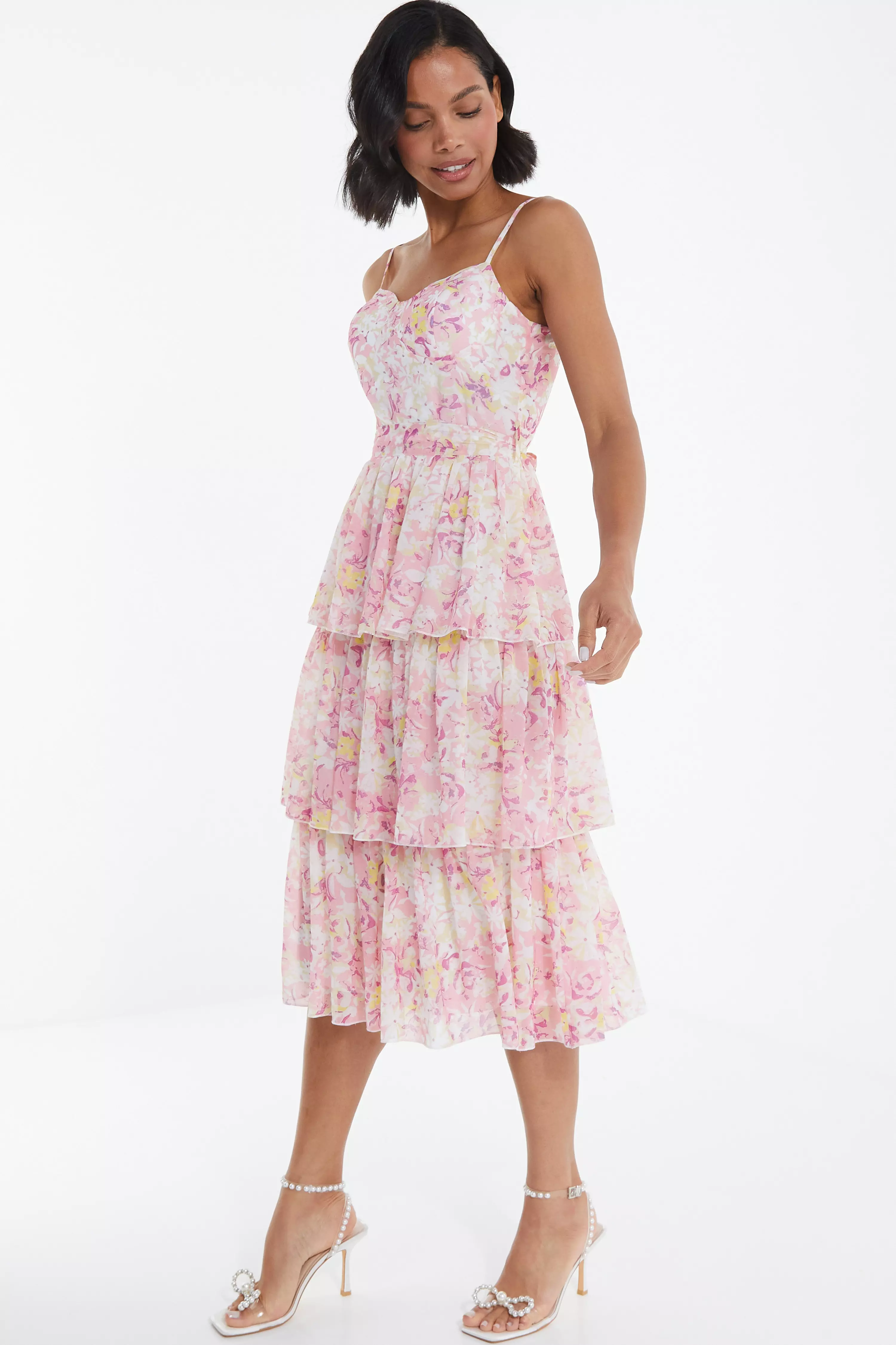 Pink Floral Tiered Midi Dress - QUIZ Clothing