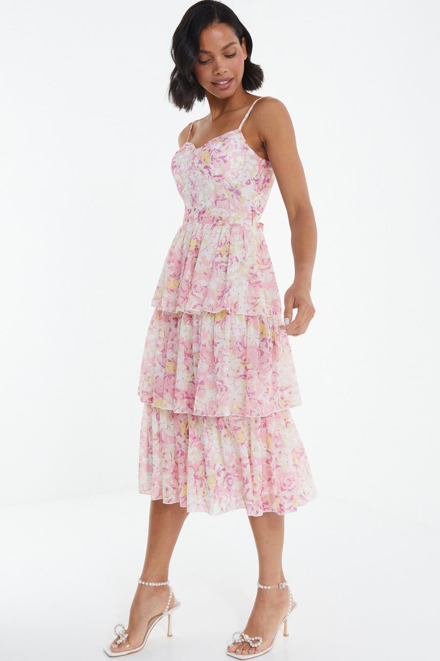Pink Floral Tiered Midi Dress - Quiz Clothing