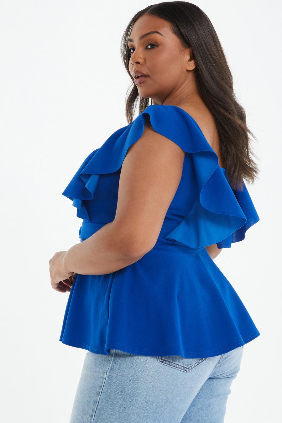 Curve Royal Blue Frill Sleeve Peplum Top - Quiz Clothing