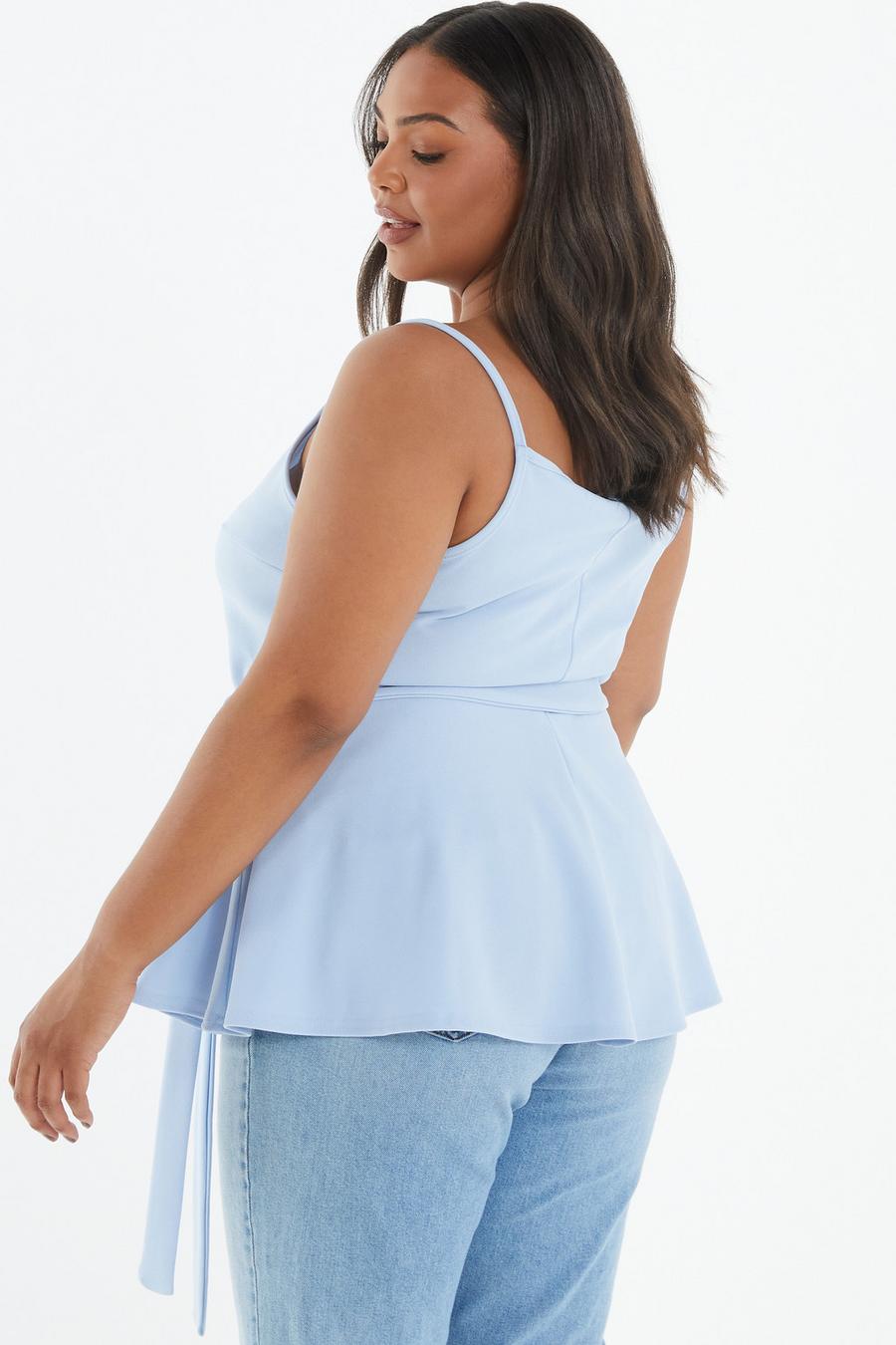 Curve Blue Strappy Tie Peplum Top - Quiz Clothing