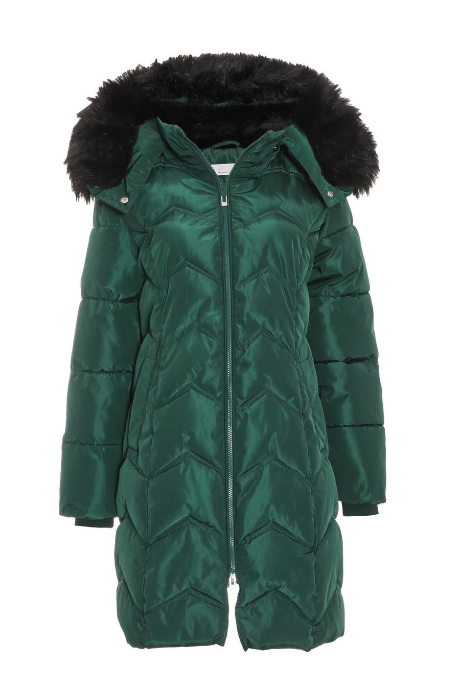 Green padded coat hot sale with fur hood