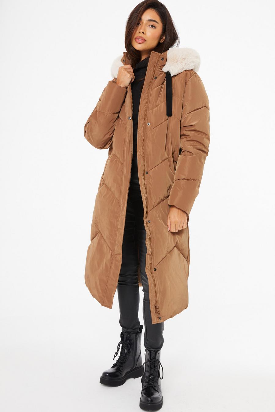 Camel Padded Faux Fur Hood Parka Quiz Clothing