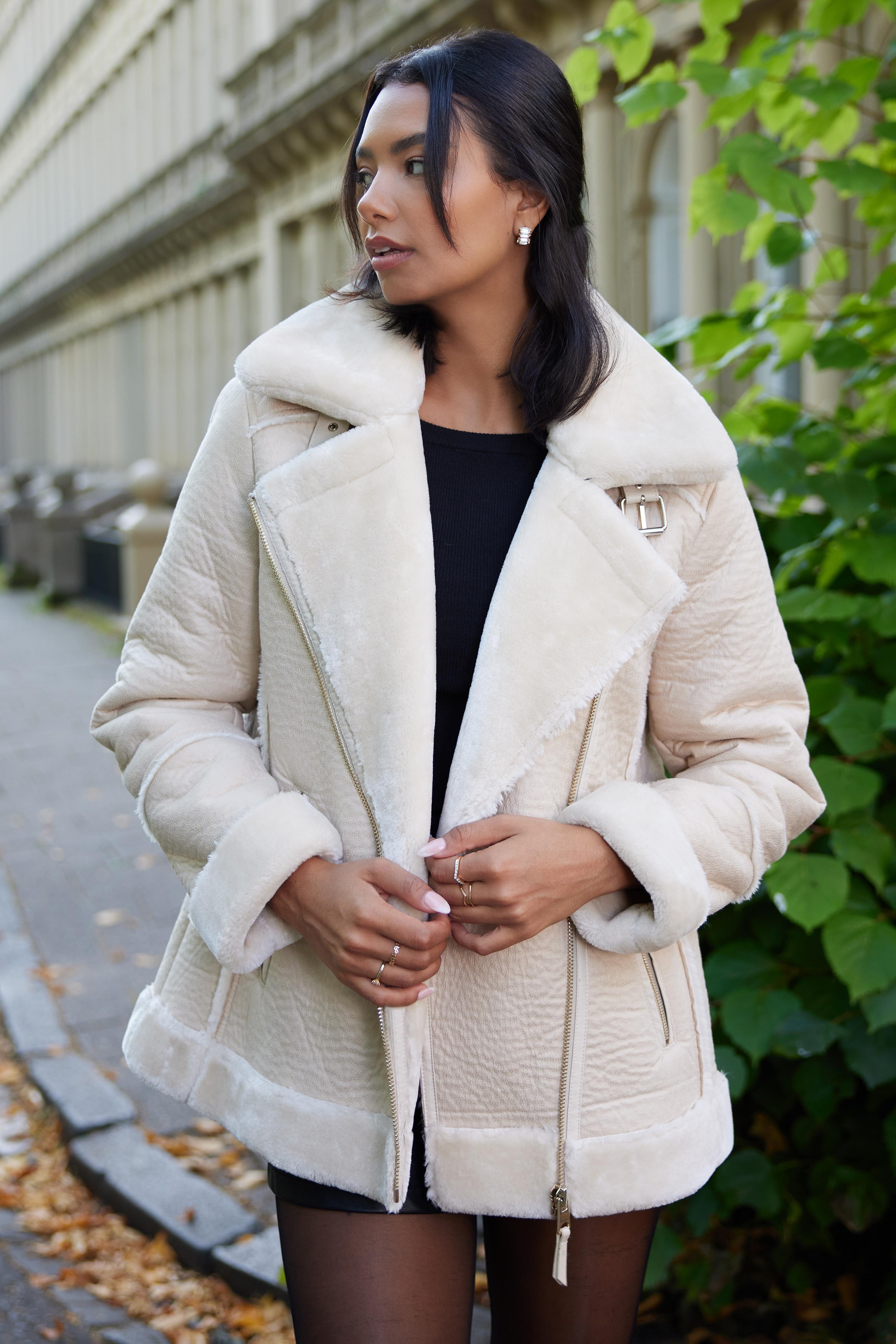 Stone Aviator Faux Fur Jacket