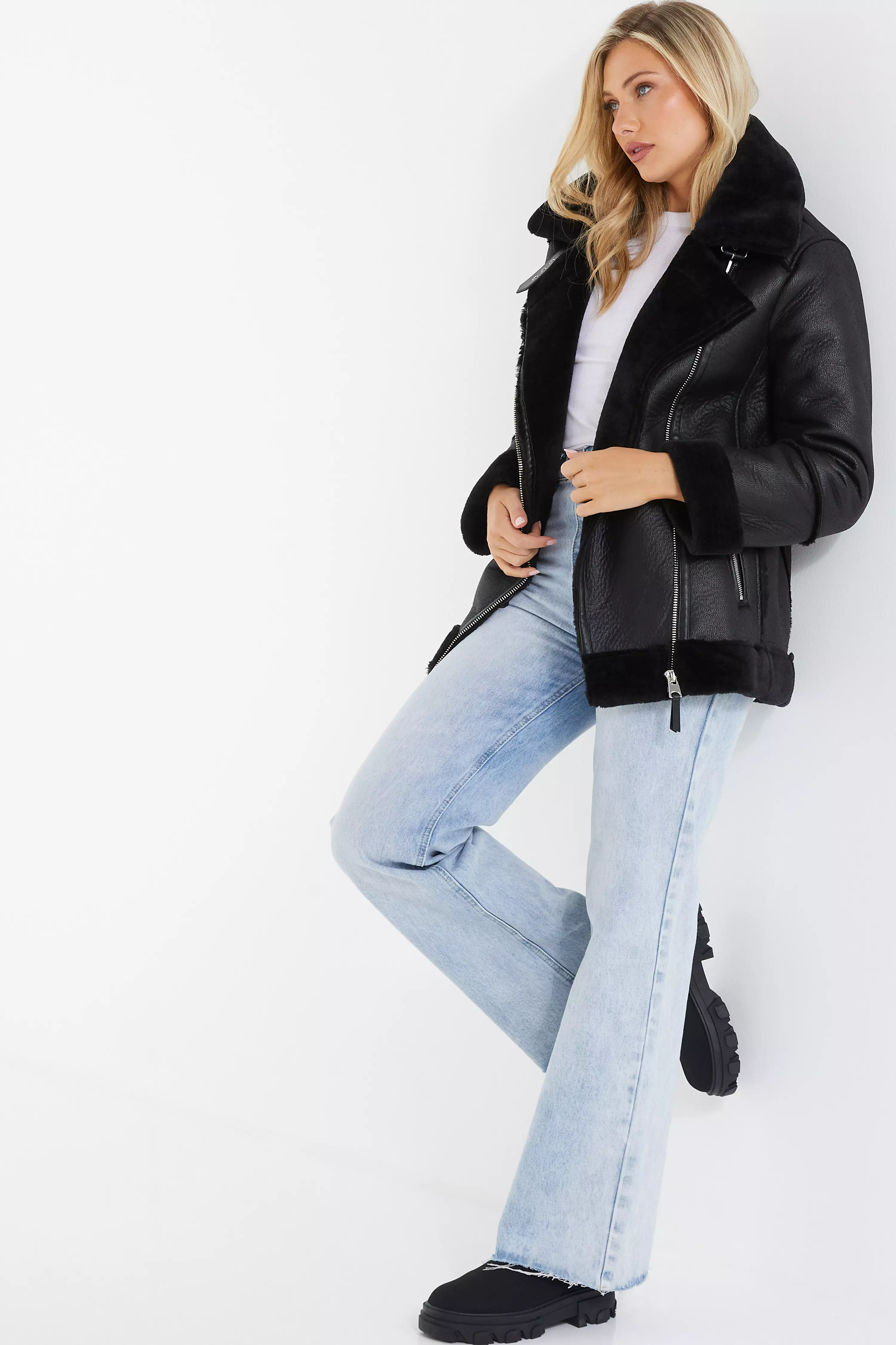 Black Aviator Faux Fur Jacket QUIZ Clothing