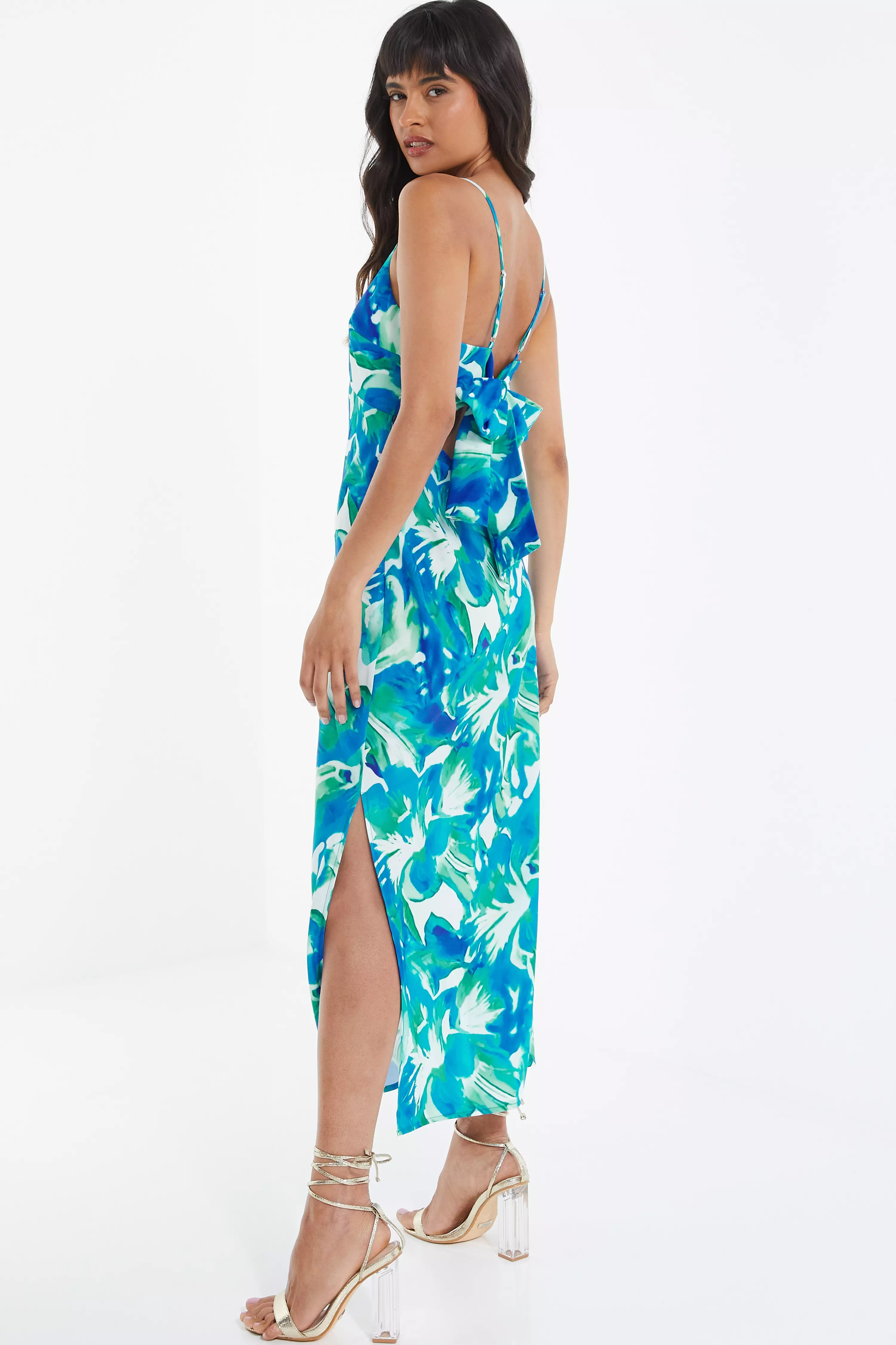 Blue Tropical Print Satin Midaxi Dress - QUIZ Clothing