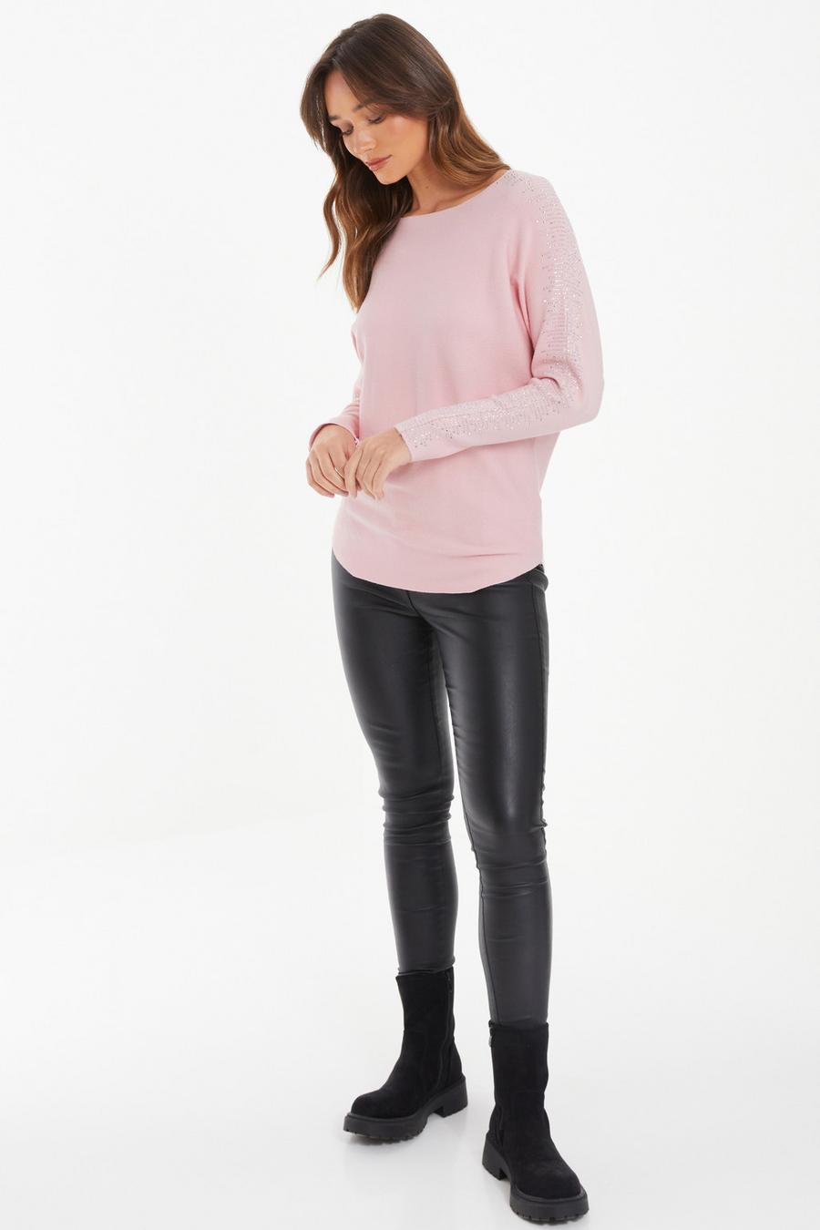 Pink Light Knit Diamante Sleeve Jumper Quiz Clothing