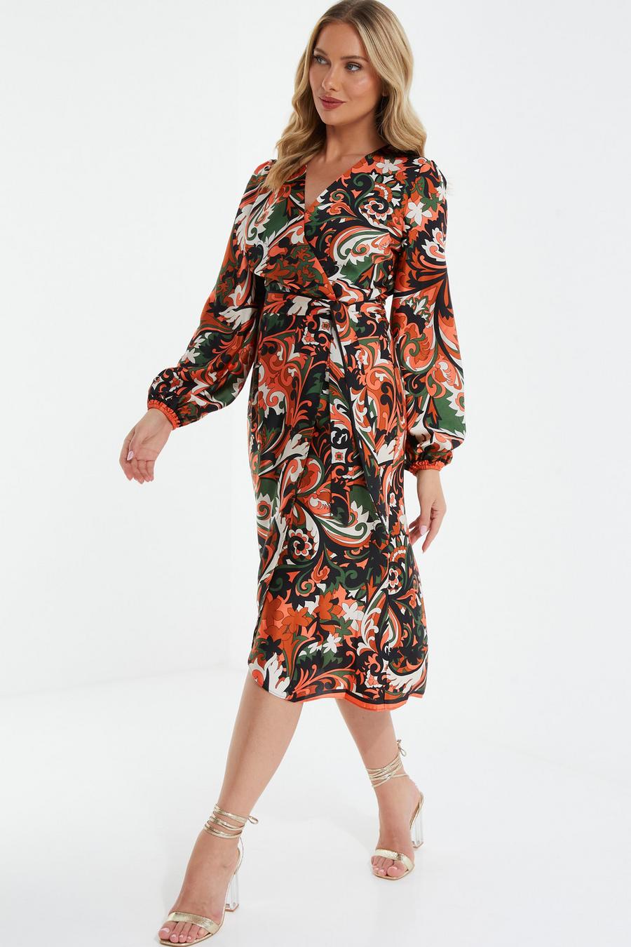 Black Satin Paisley Print Midi Dress - Quiz Clothing