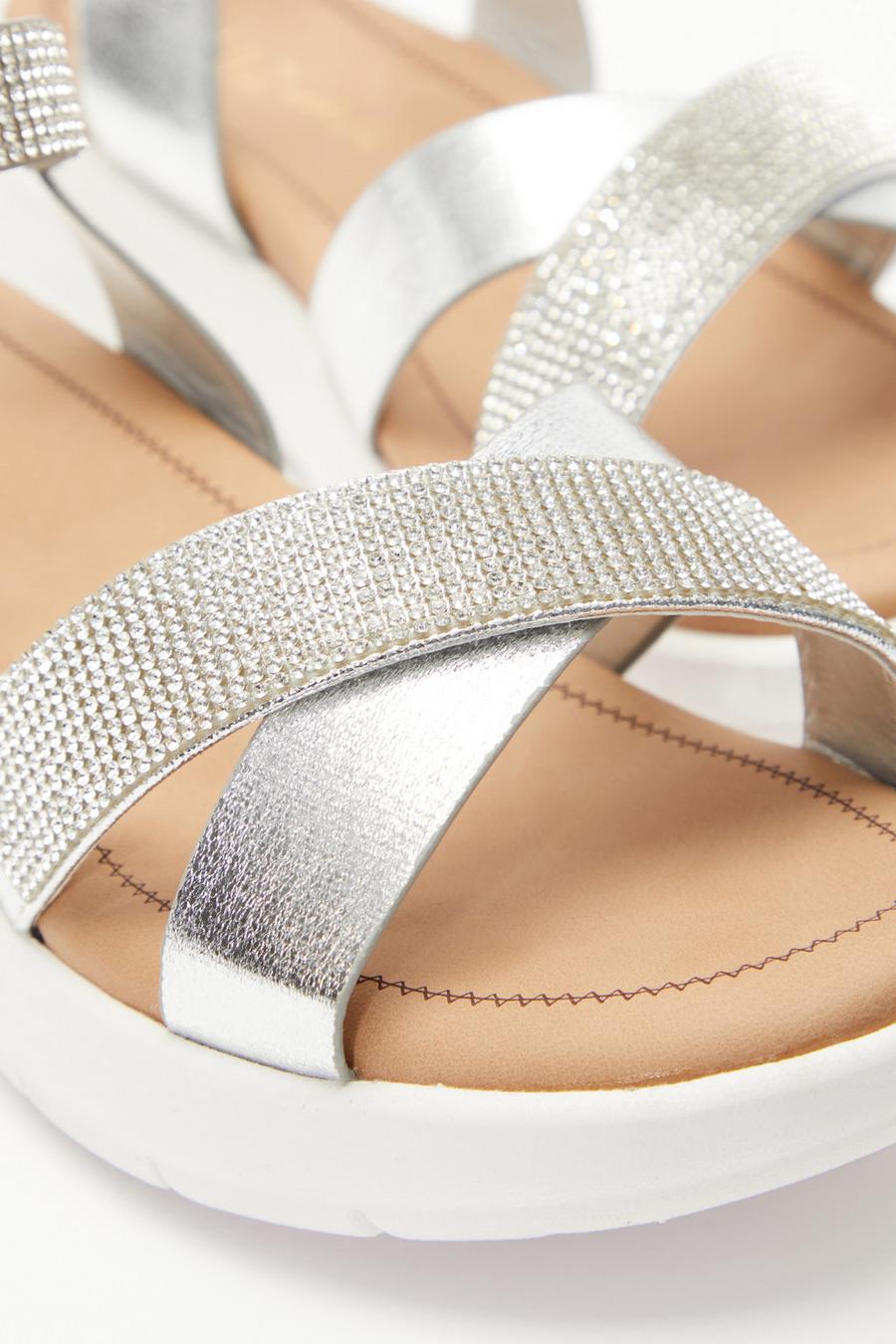 Wide Fit Silver Diamante Strap Sandals Quiz Clothing