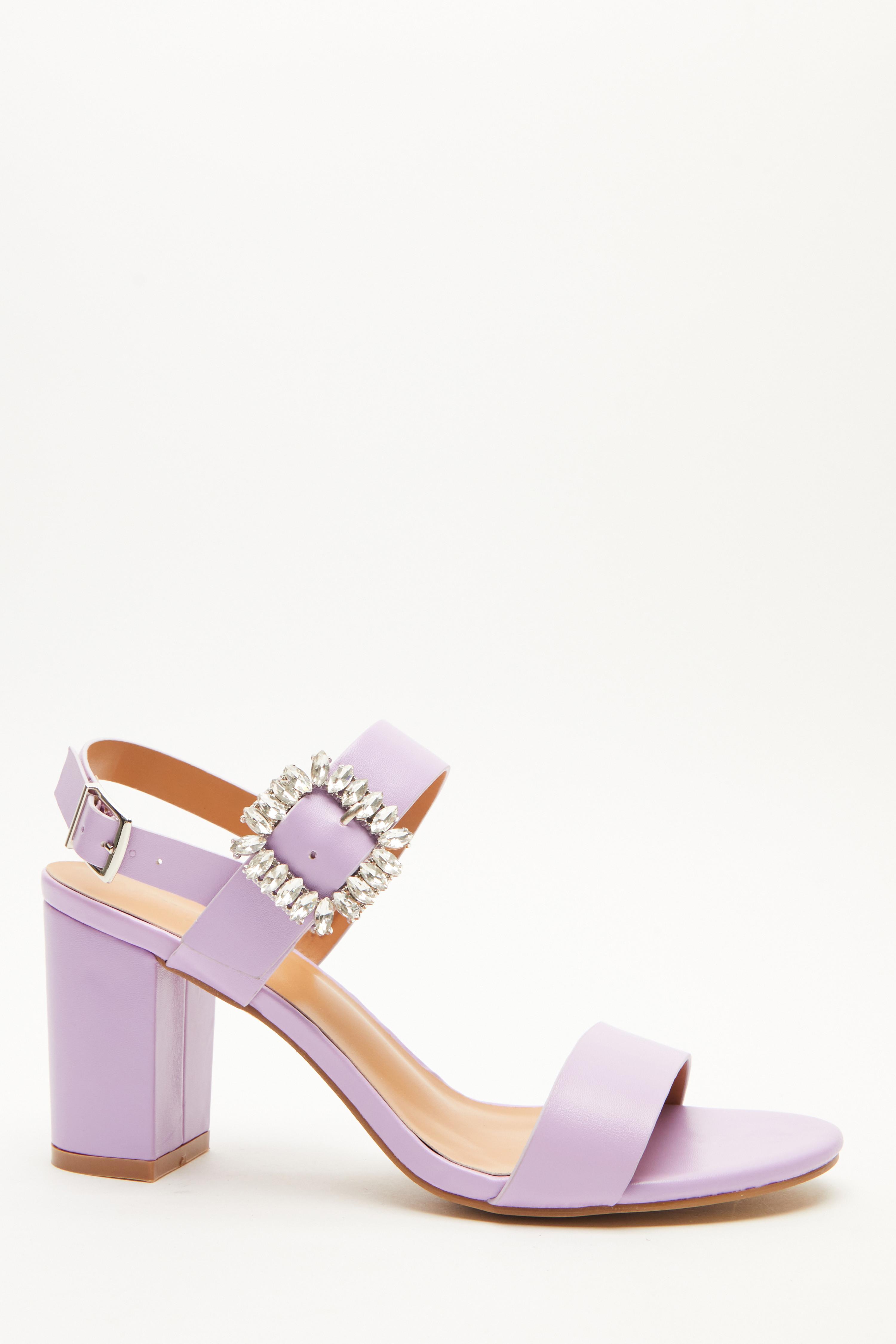 Lilac Diamante Buckle Block Heels