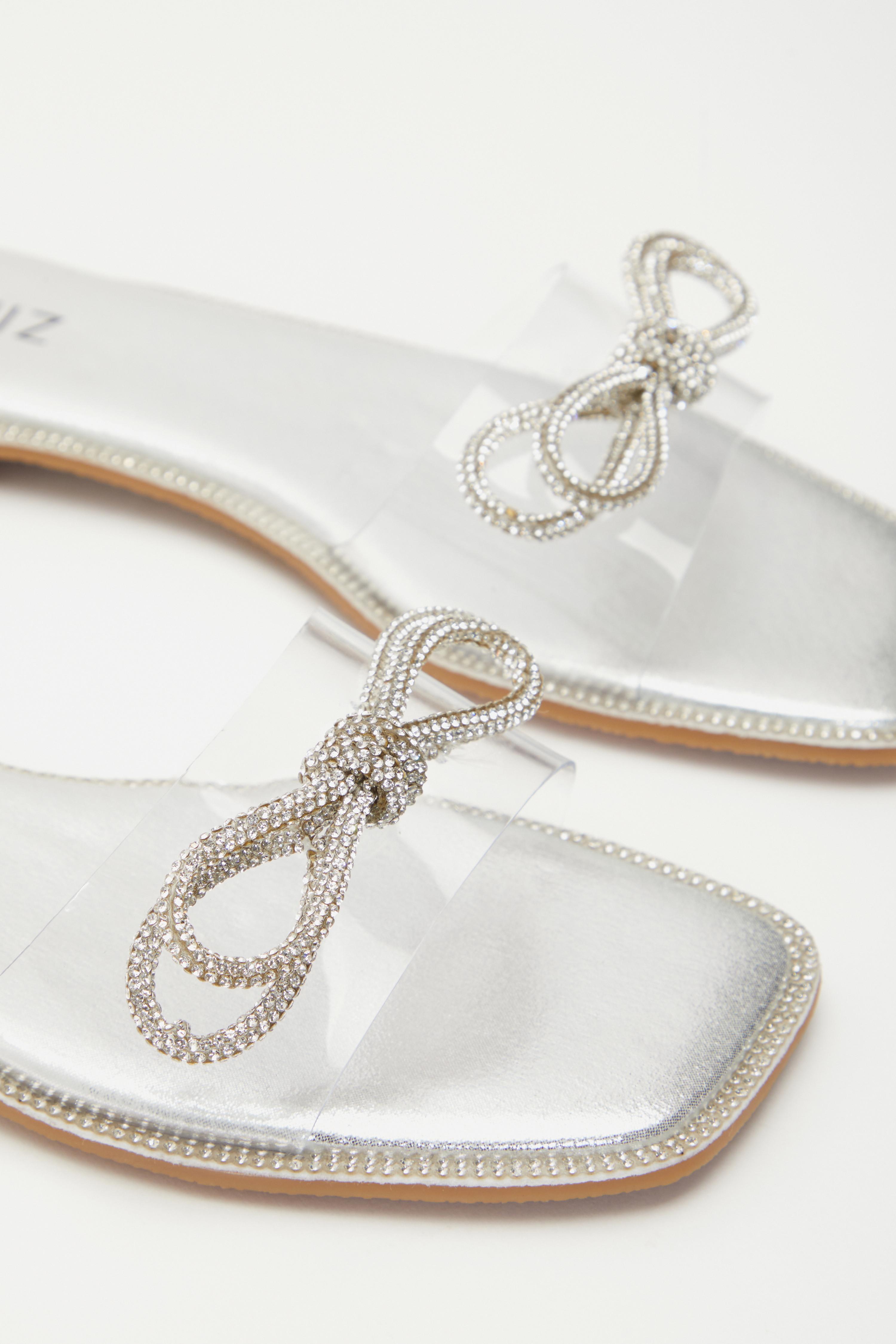 Silver Diamante Bow Flat Sandals QUIZ Clothing