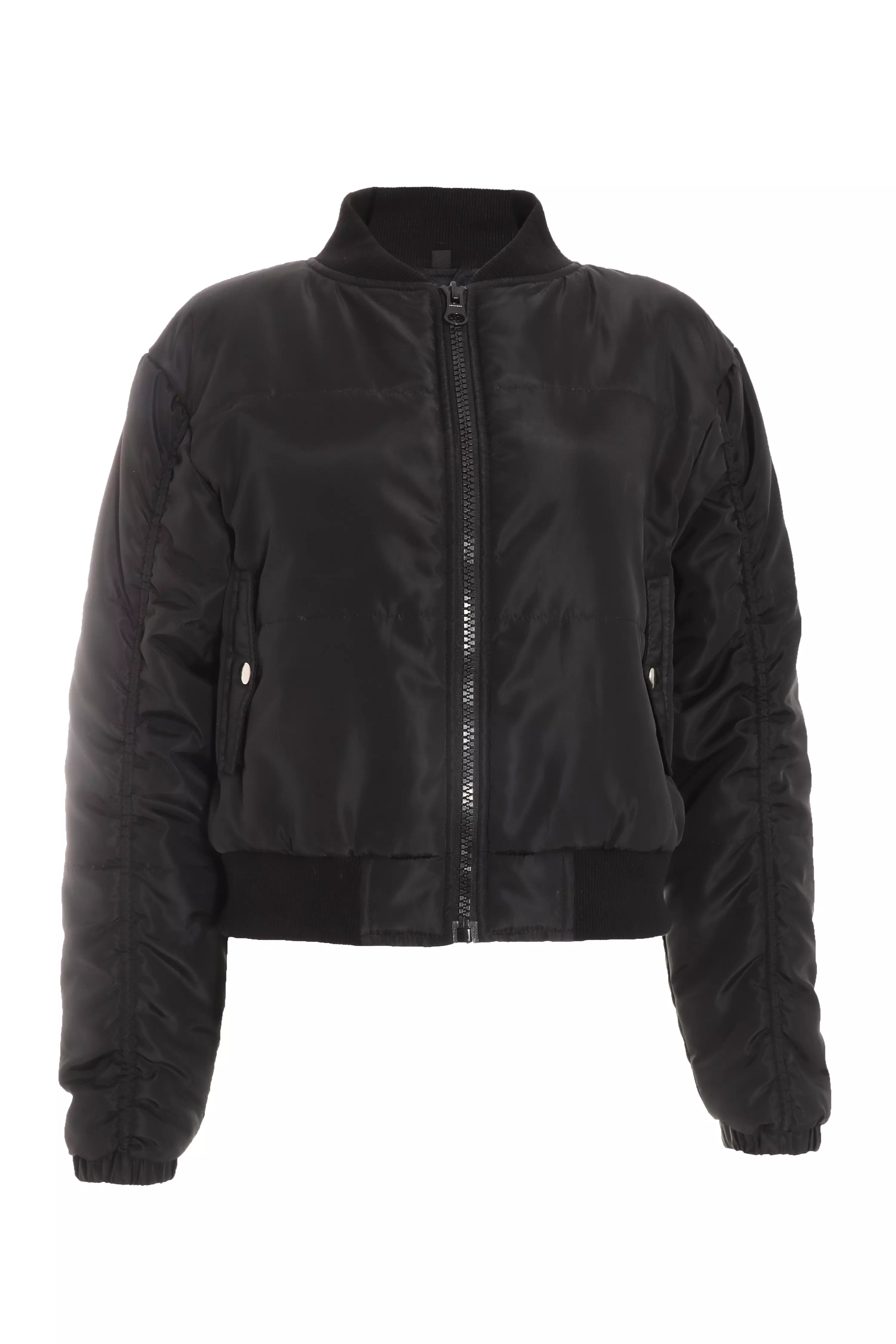 Black Ruched Sleeve Bomber Jacket - QUIZ Clothing