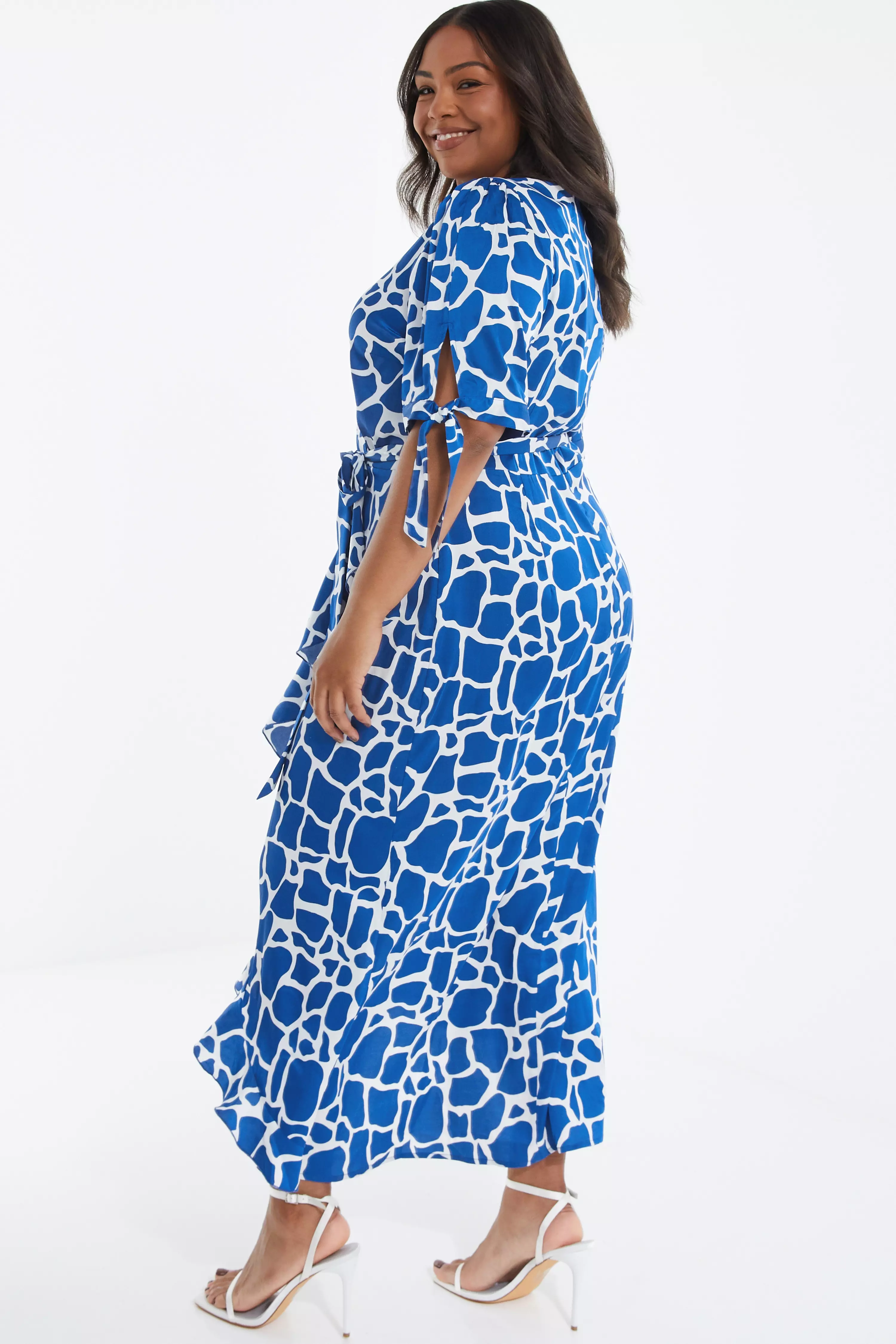 Curve Royal Blue Animal Print Warp Dress - QUIZ Clothing