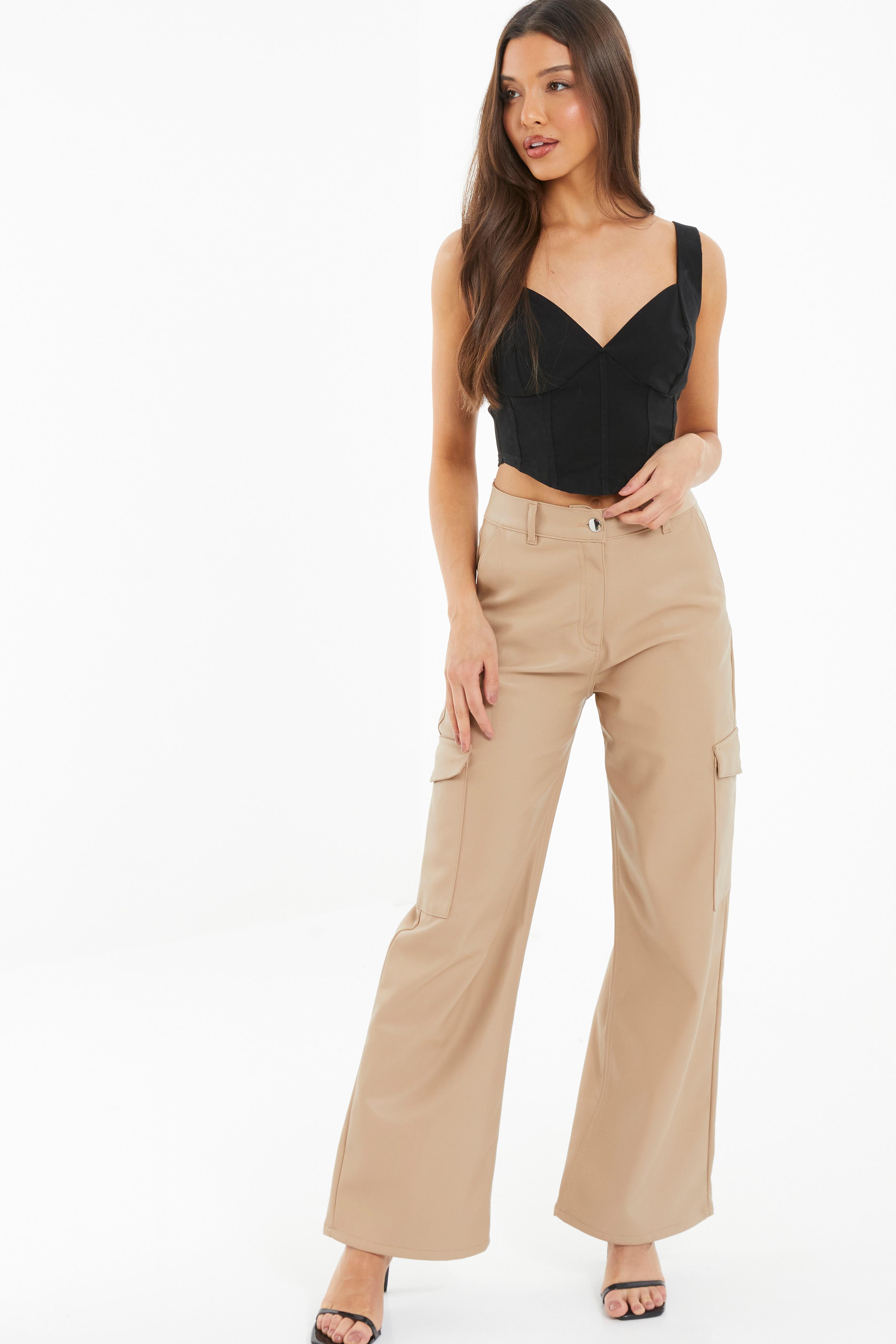 Stone Faux Leather Cargo Trousers QUIZ Clothing