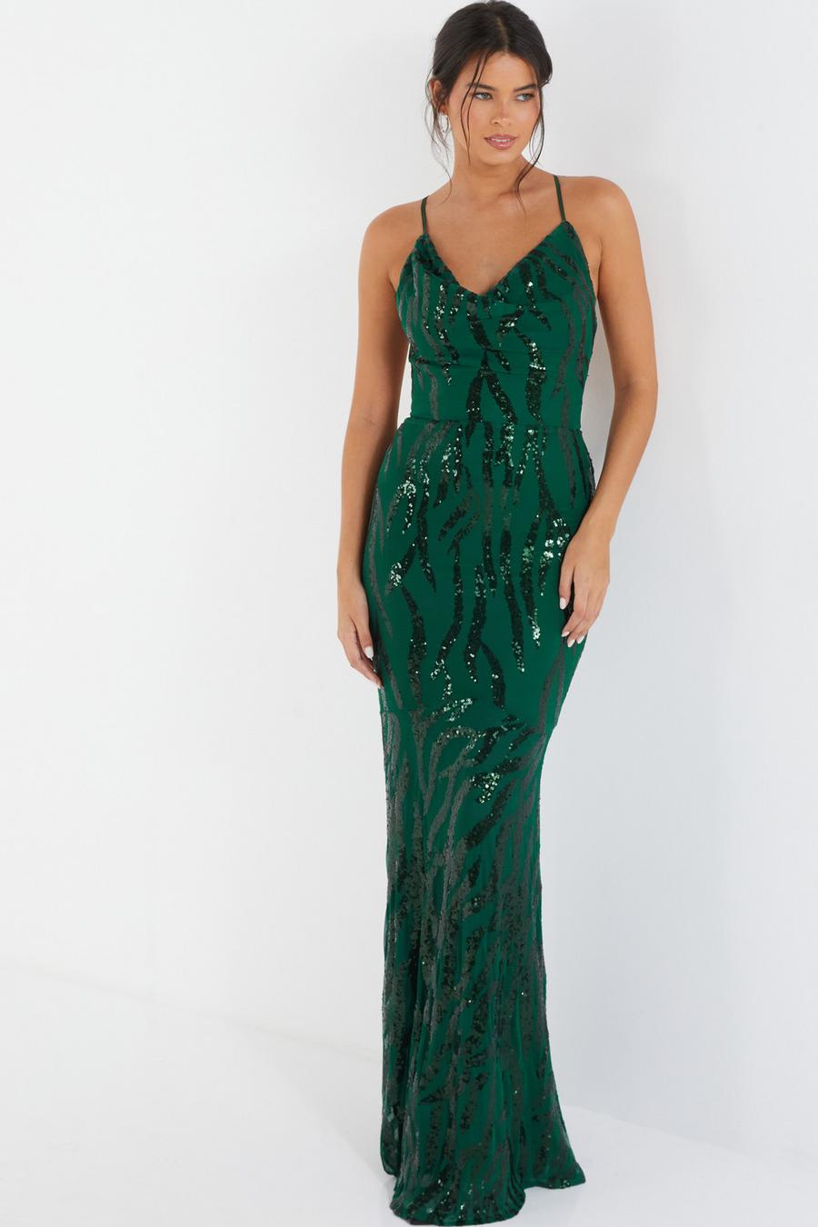 Green Sequin Cross Back Maxi Dress