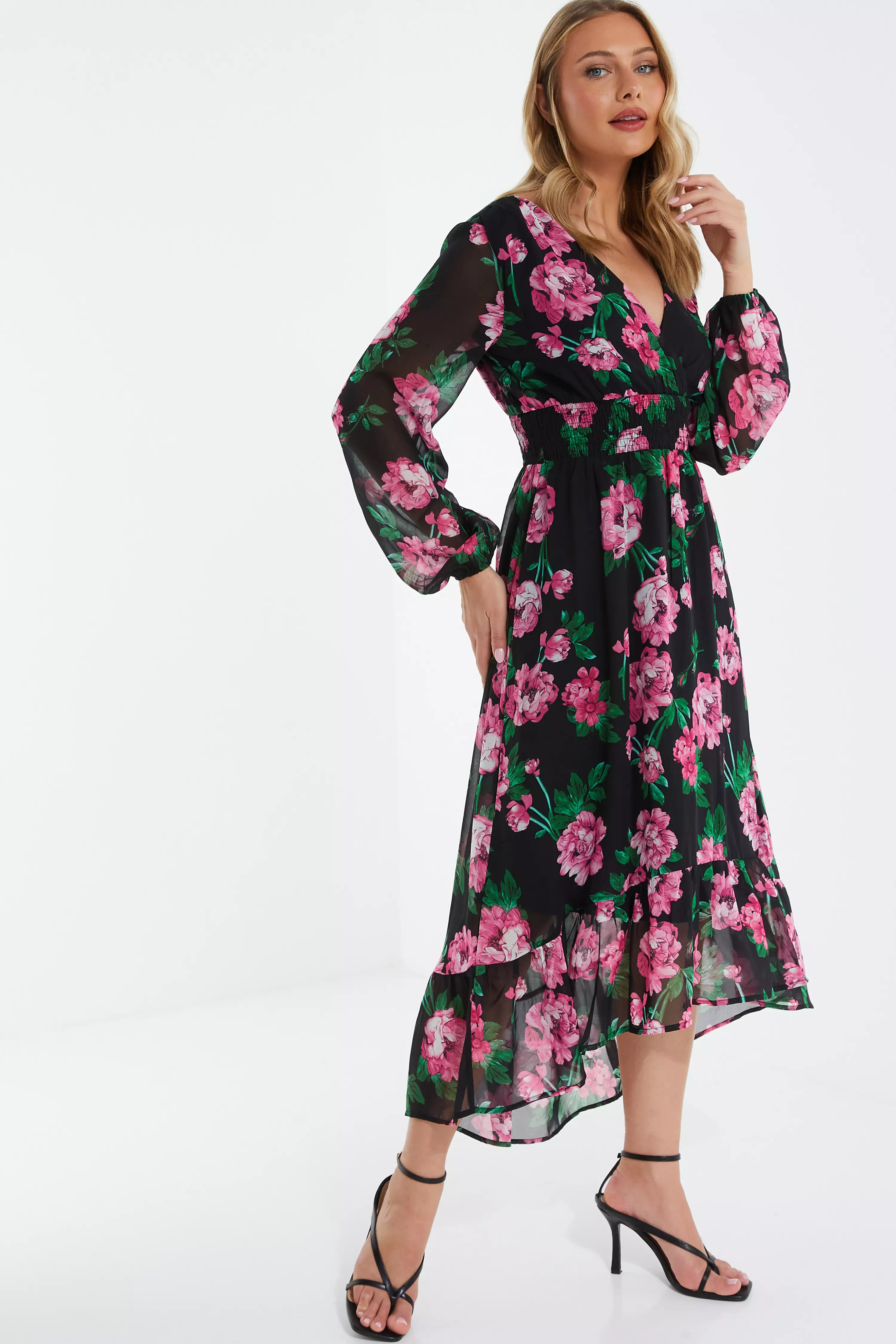 Black Floral Chiffon Midi Dress - QUIZ Clothing