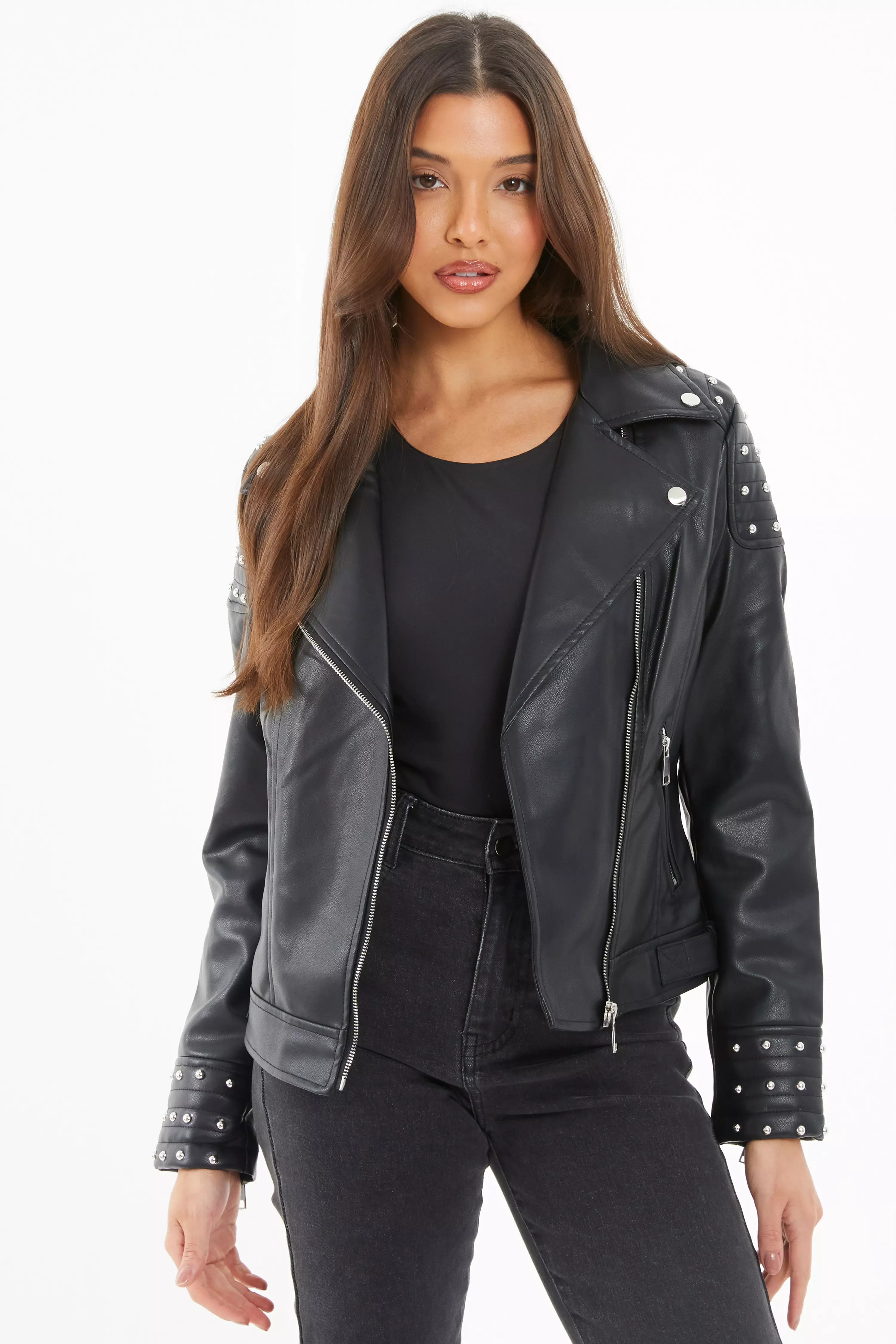 Black Faux Leather Biker Jacket - QUIZ Clothing