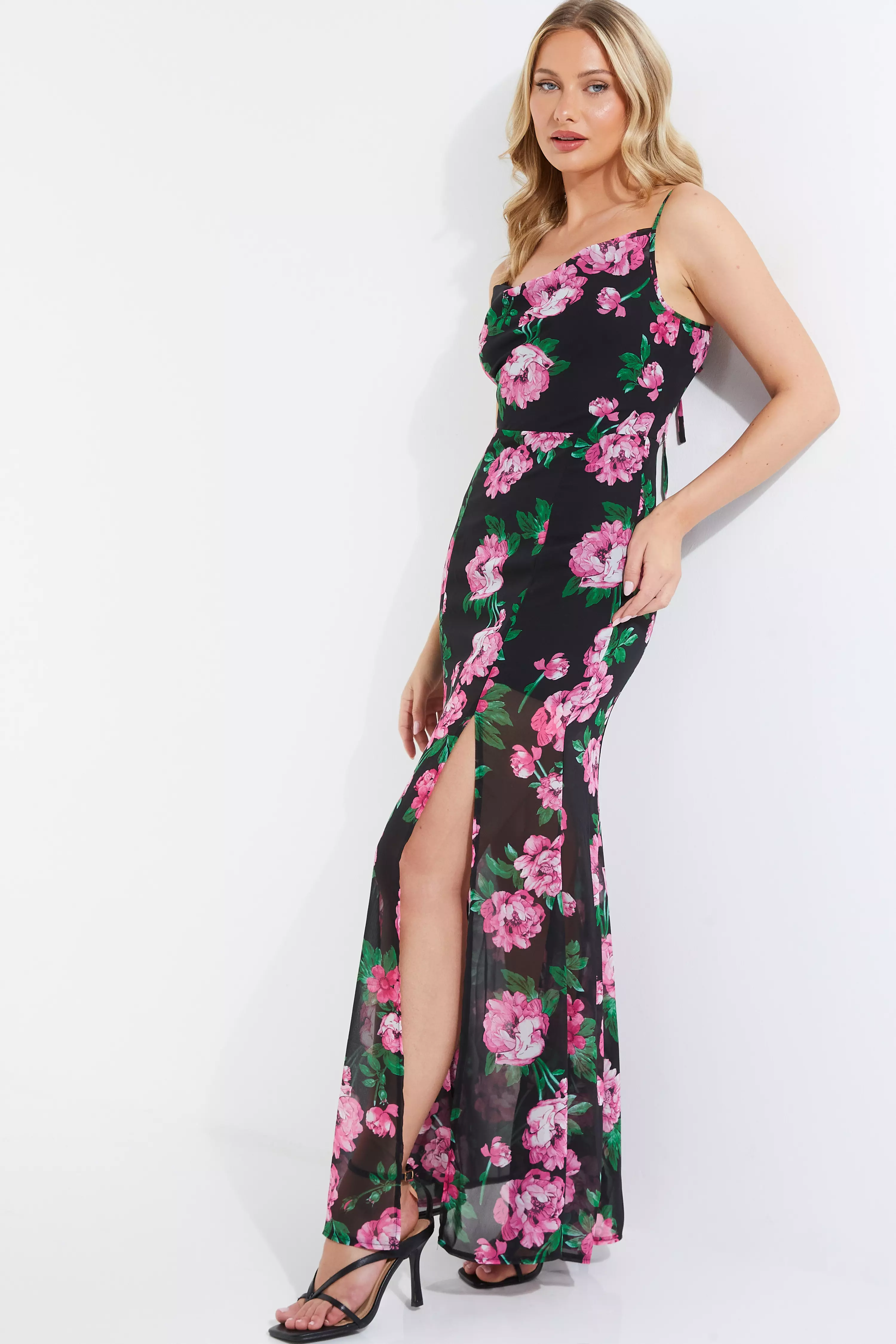 Black Floral Mesh Maxi Dress - QUIZ Clothing