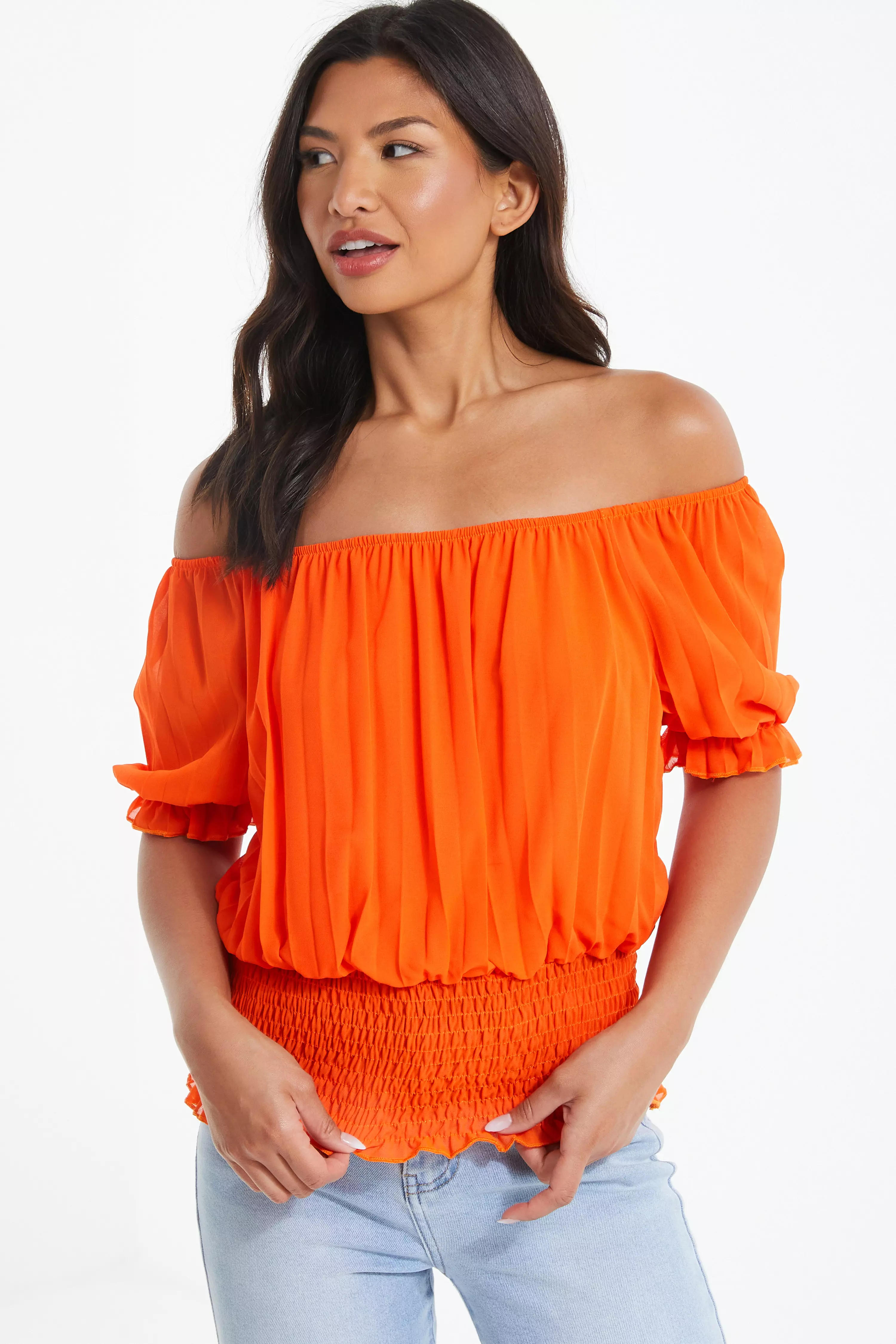 Orange Pleated Bardot Top - QUIZ Clothing