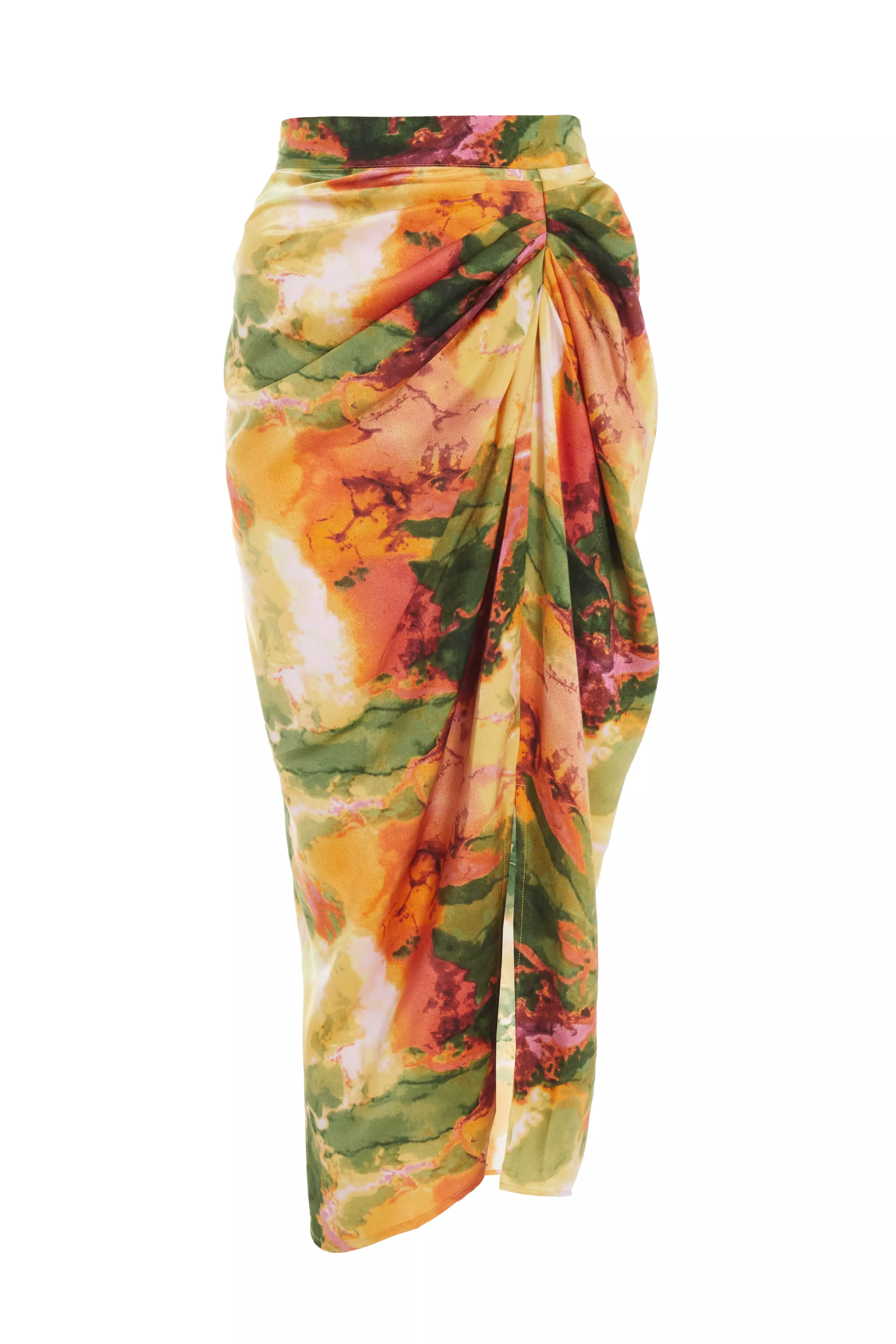 Multicoloured Satin Marble Print Ruched Midi Skirt - QUIZ Clothing